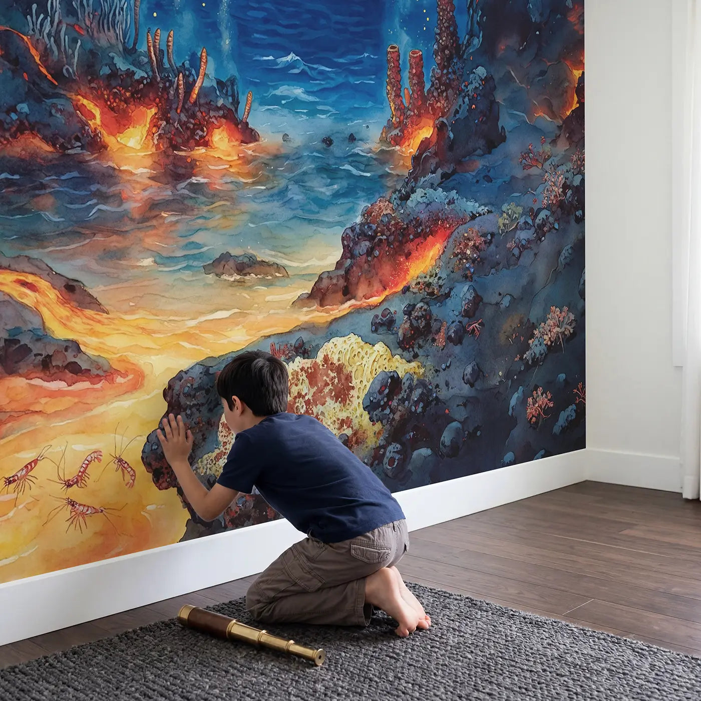 Child in nursery with Deep Ocean Lava Glow Wallpaper Mural by Whimsy Tots