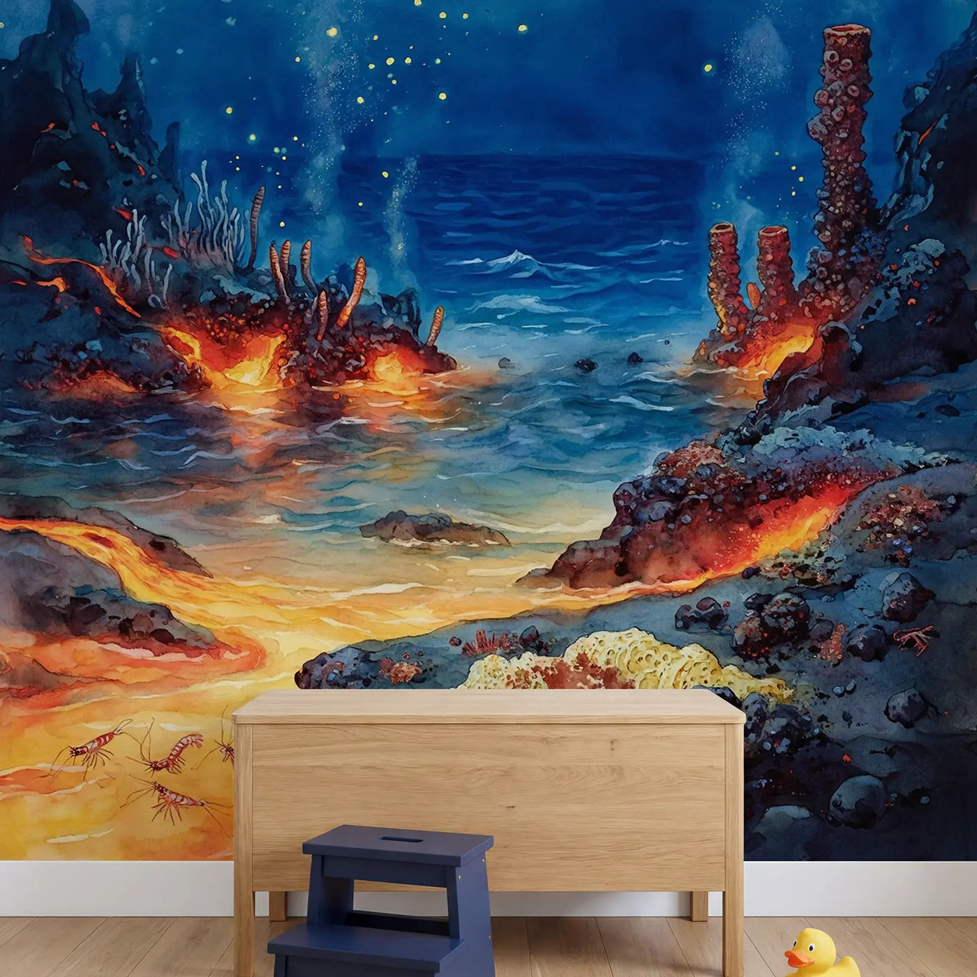 Deep Ocean Lava Glow Wallpaper Mural in playroom setting by Whimsy Tots