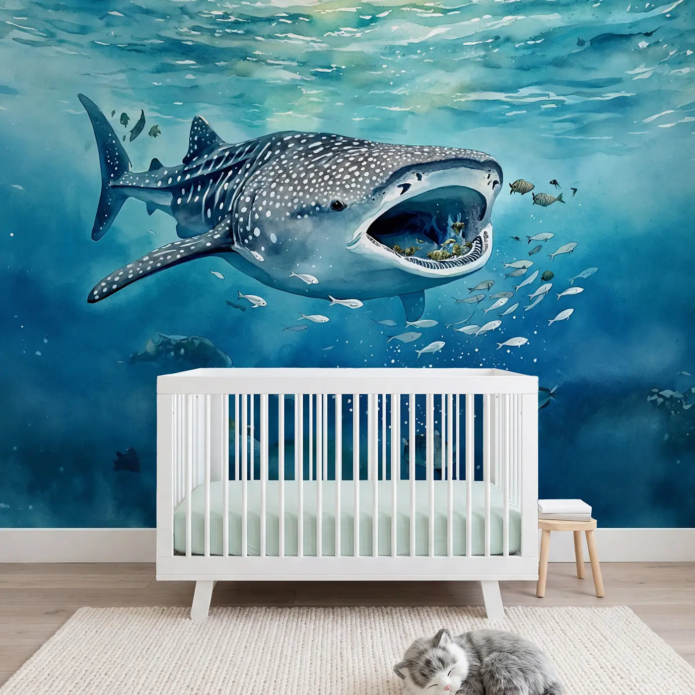 Watercolor whale shark coral reef wallpaper mural for girls nursery by Whimsy Tots