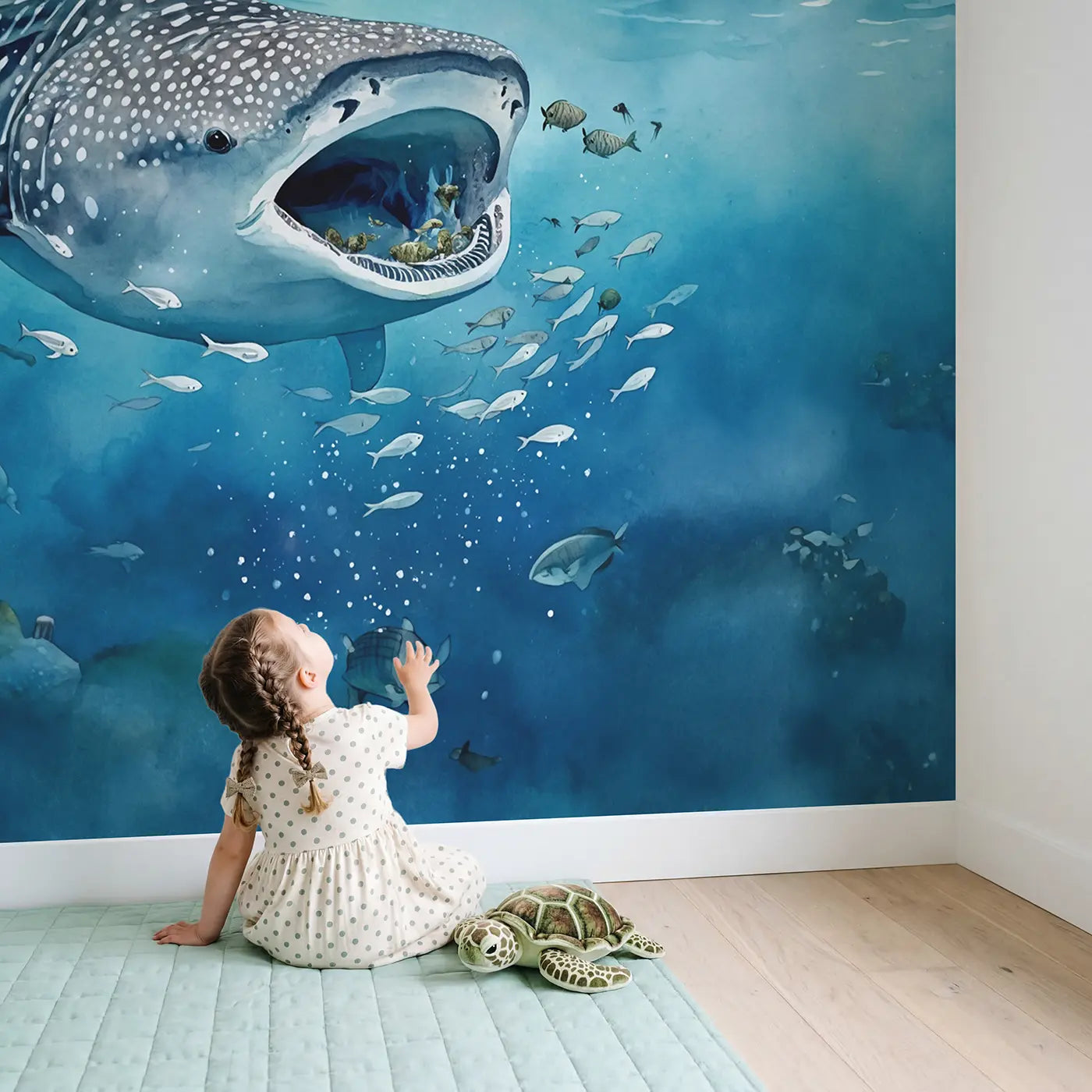 Child in nursery with Whale Shark Gentle Giant Wallpaper Mural by Whimsy Tots