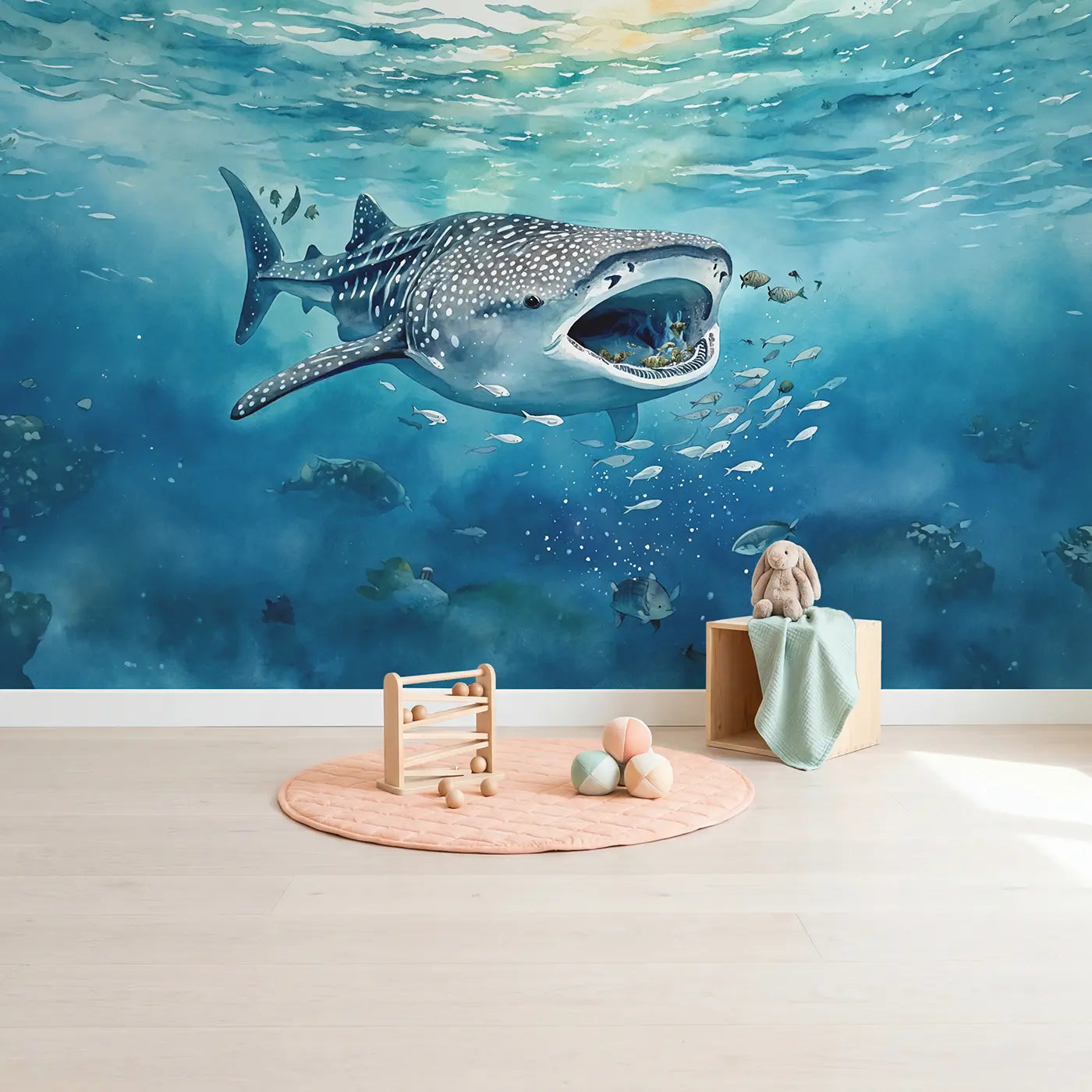 Whale Shark Gentle Giant Wallpaper Mural in playroom setting by Whimsy Tots
