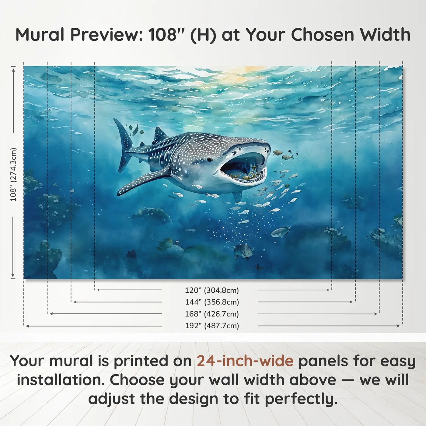 Panel layout and dimensions for Whale Shark Gentle Giant Wallpaper Mural by Whimsy Tots