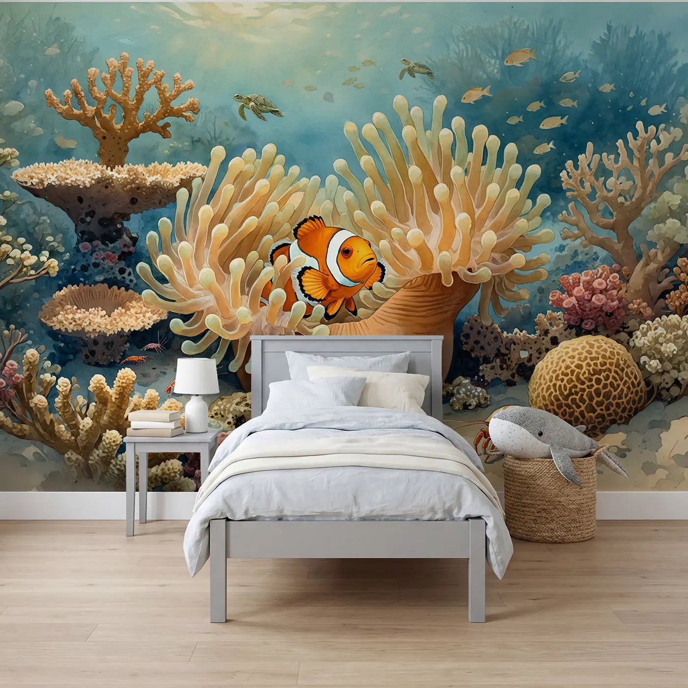 Watercolor fish and anemone wallpaper mural for boys room by Whimsy Tots