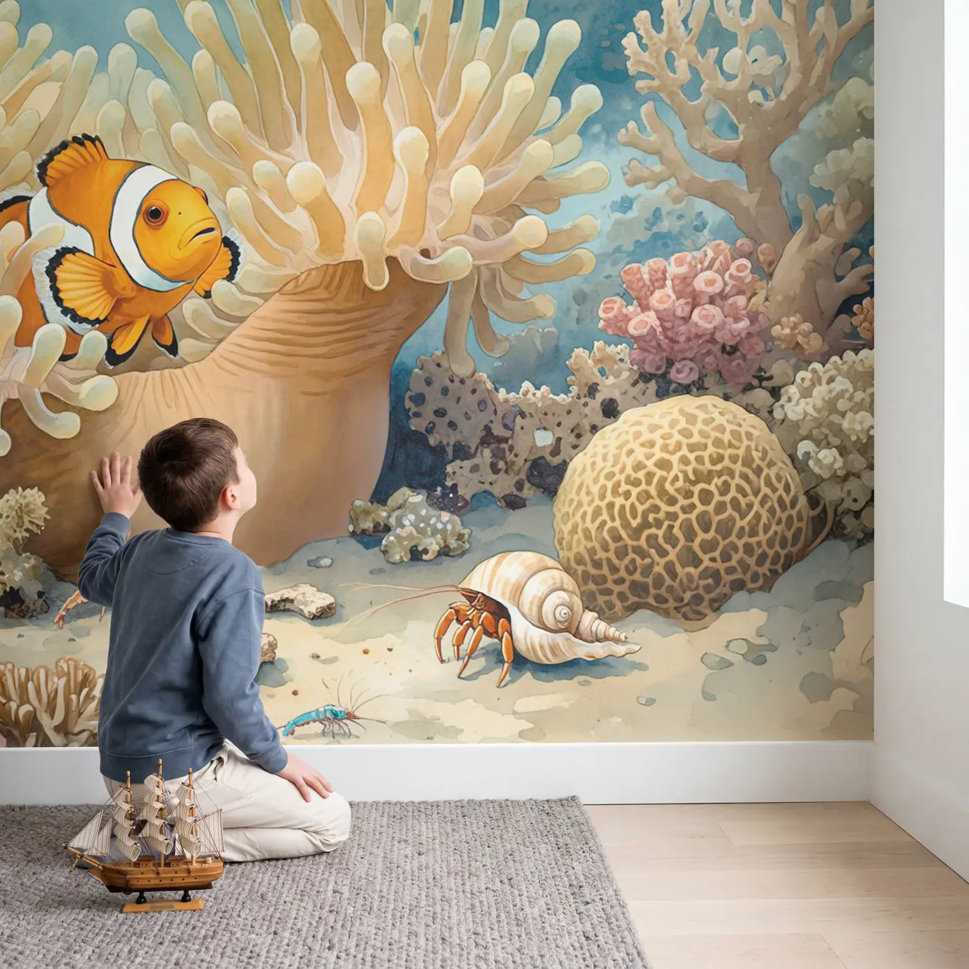 Child in nursery with Clownfish Anemone Safe Haven Wallpaper Mural by Whimsy Tots