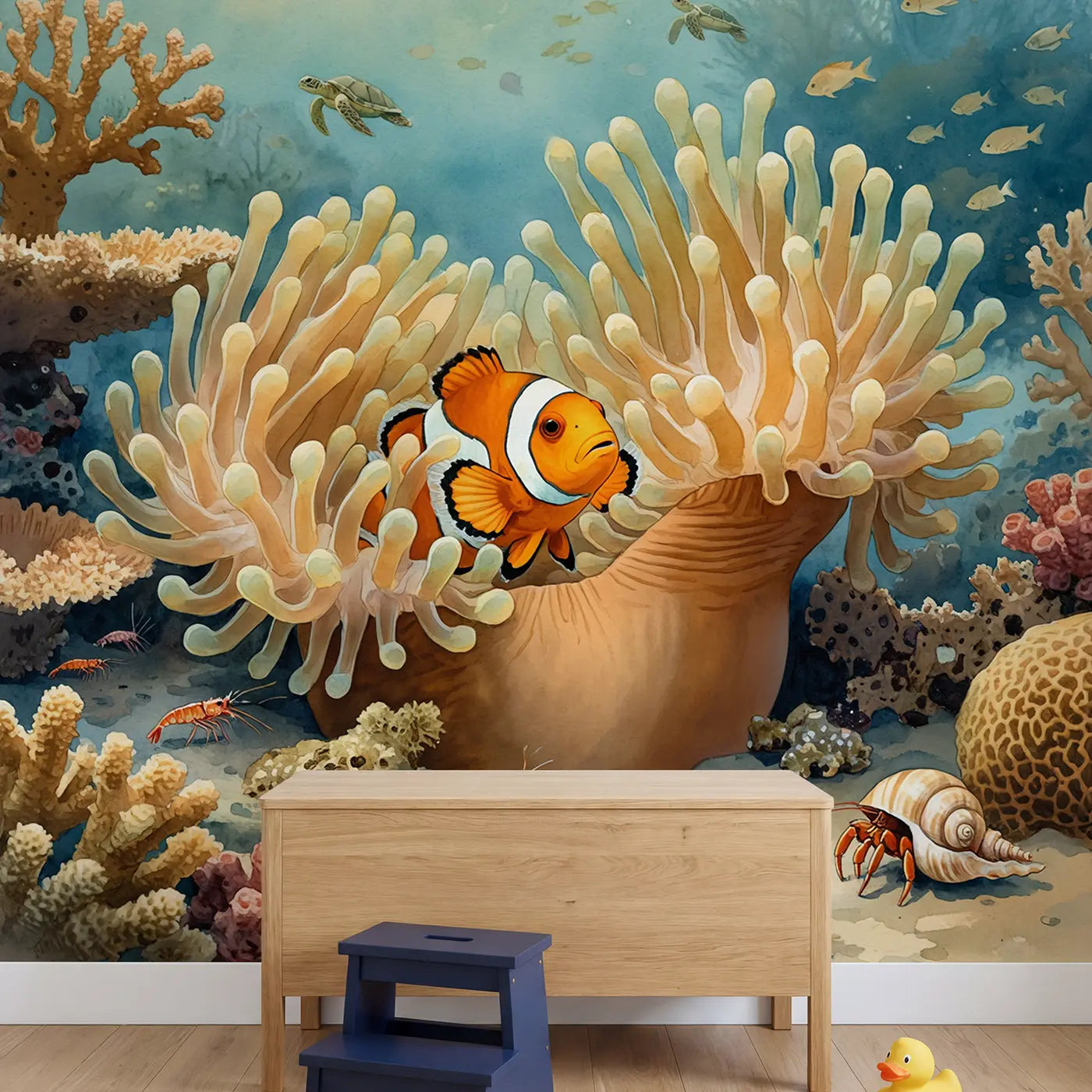 Clownfish Anemone Safe Haven Wallpaper Mural in playroom setting by Whimsy Tots