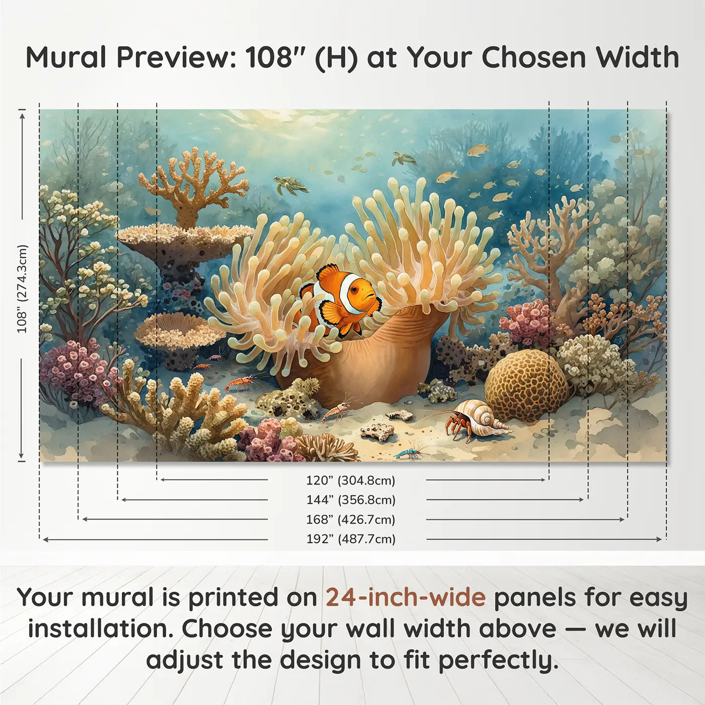 Panel layout and dimensions for Clownfish Anemone Safe Haven Wallpaper Mural by Whimsy Tots