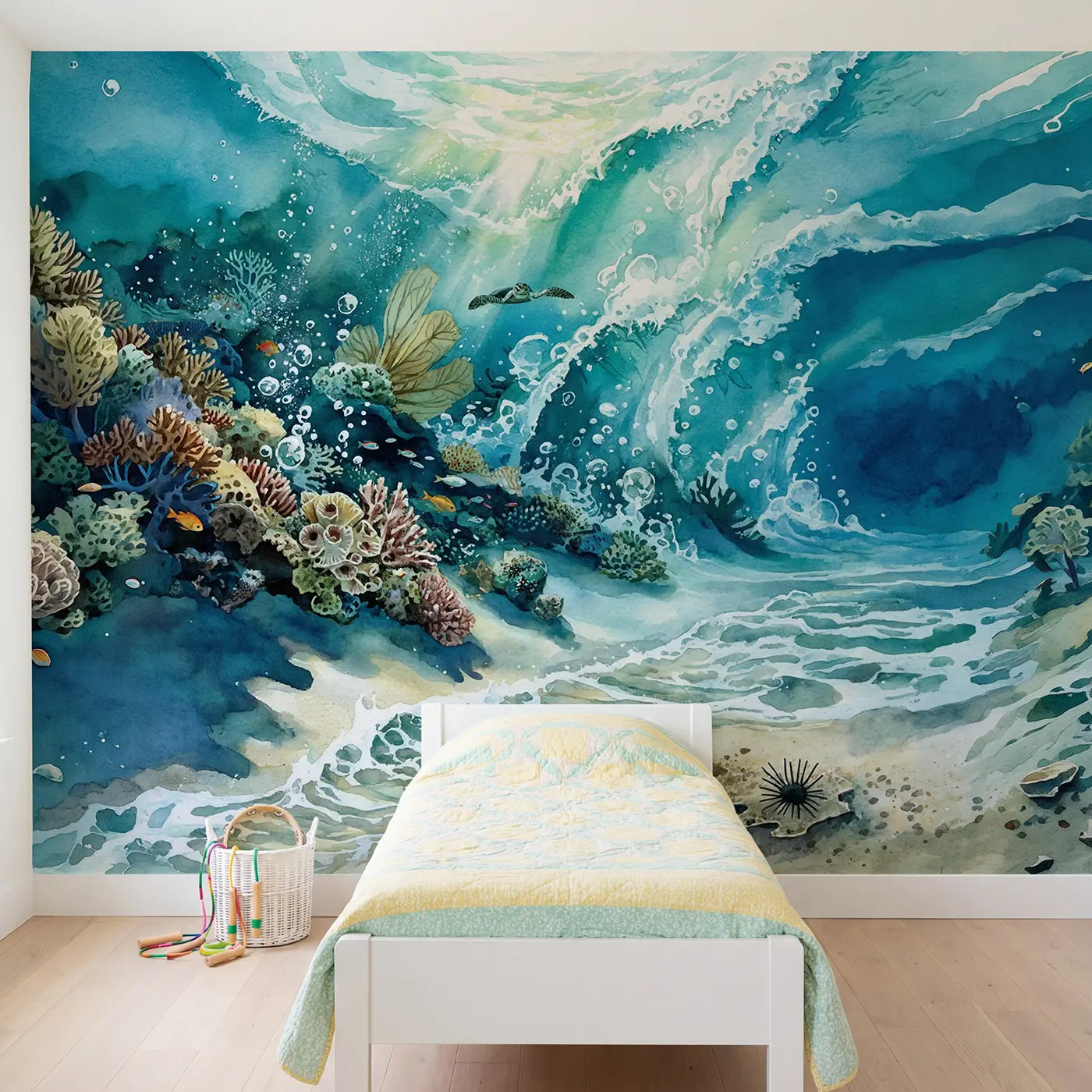 watercolor coral reef crest breaking wave mural for girls room by Whimsy Tots