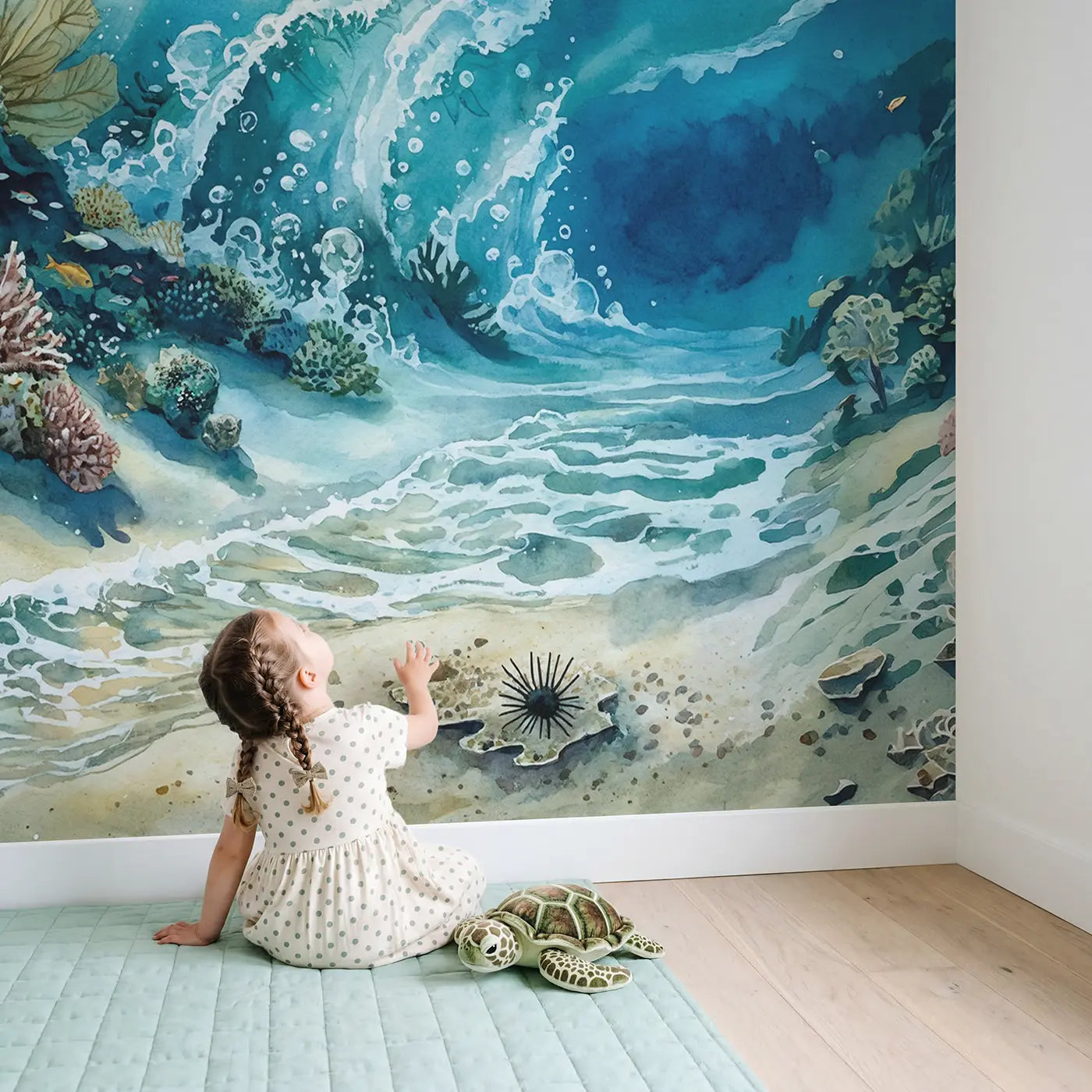 Child in nursery with Reef Crest Breaking Wave Underwater Wallpaper Mural by Whimsy Tots
