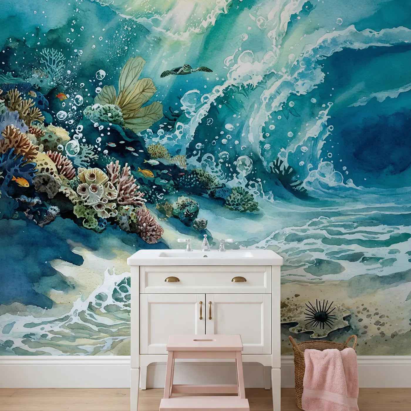 Reef Crest Breaking Wave Underwater Wallpaper Mural in playroom setting by Whimsy Tots