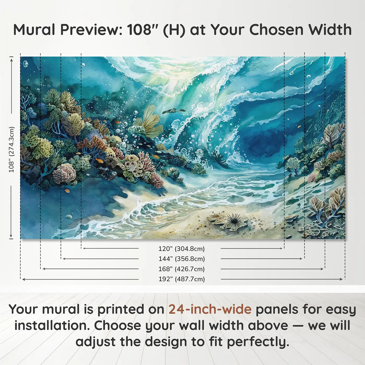 Panel layout and dimensions for Reef Crest Breaking Wave Underwater Wallpaper Mural by Whimsy Tots