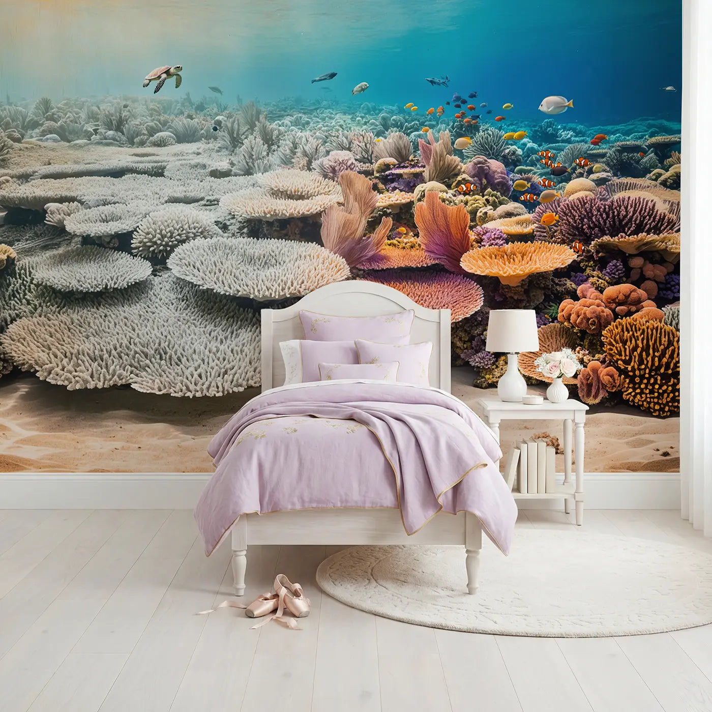 Soft pastel reef transition coral deep sea wallpaper mural for girls room by Whimsy Tots