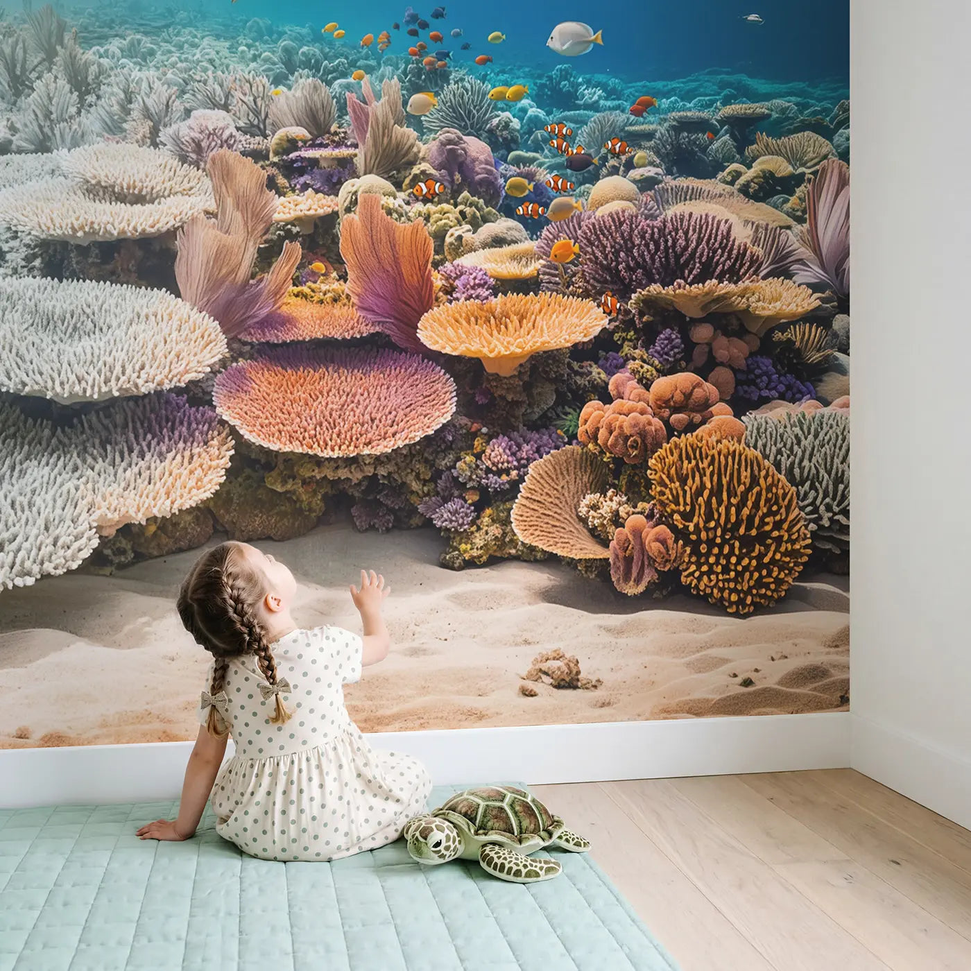 Child in nursery with Reef Transition Story Wallpaper Mural by Whimsy Tots