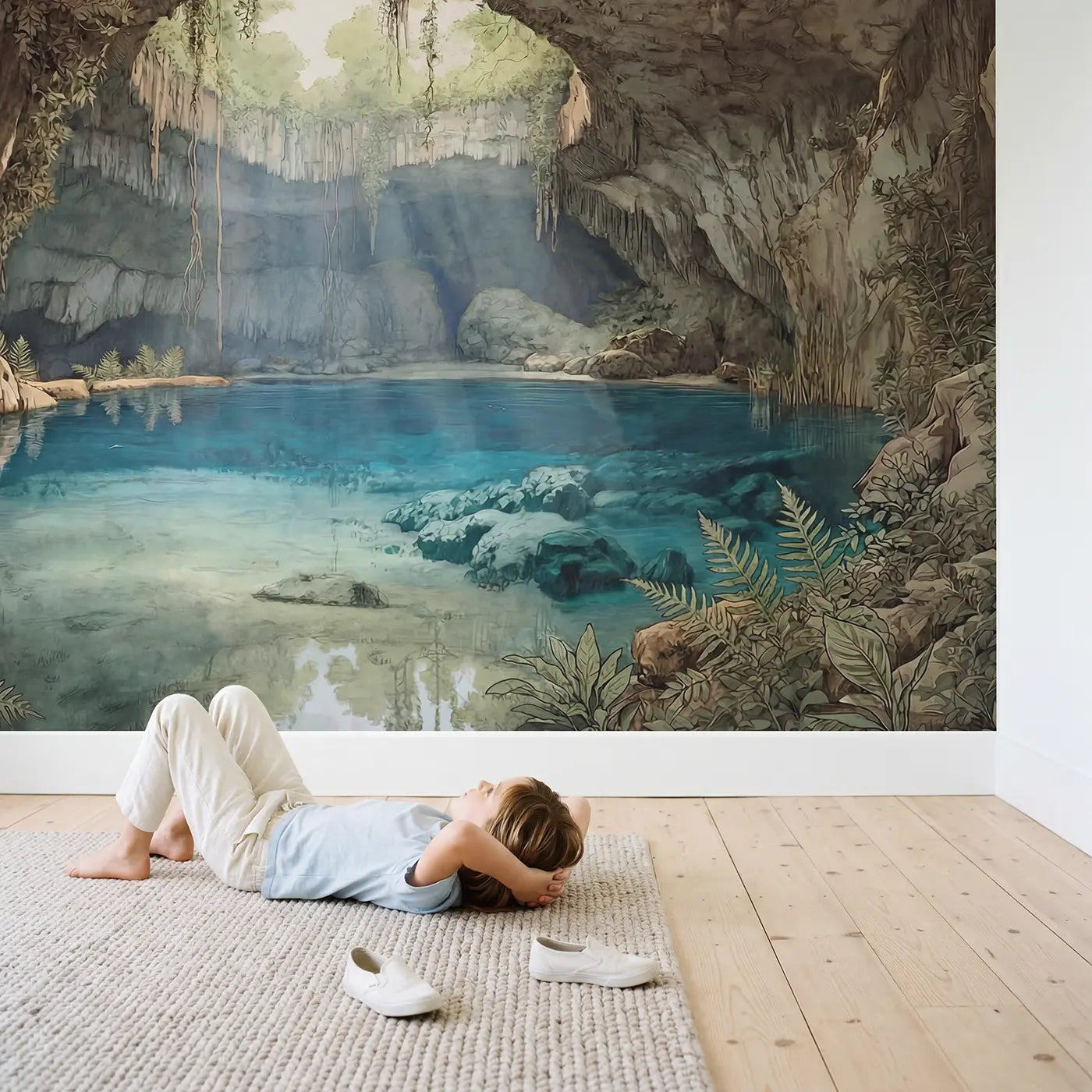 Child in nursery with Crystal Cenote Light Shafts Wallpaper Mural by Whimsy Tots