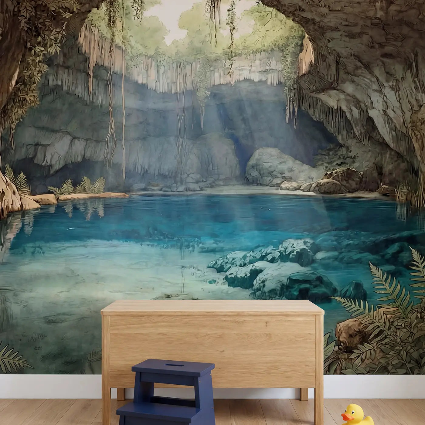 Crystal Cenote Light Shafts Wallpaper Mural in playroom setting by Whimsy Tots