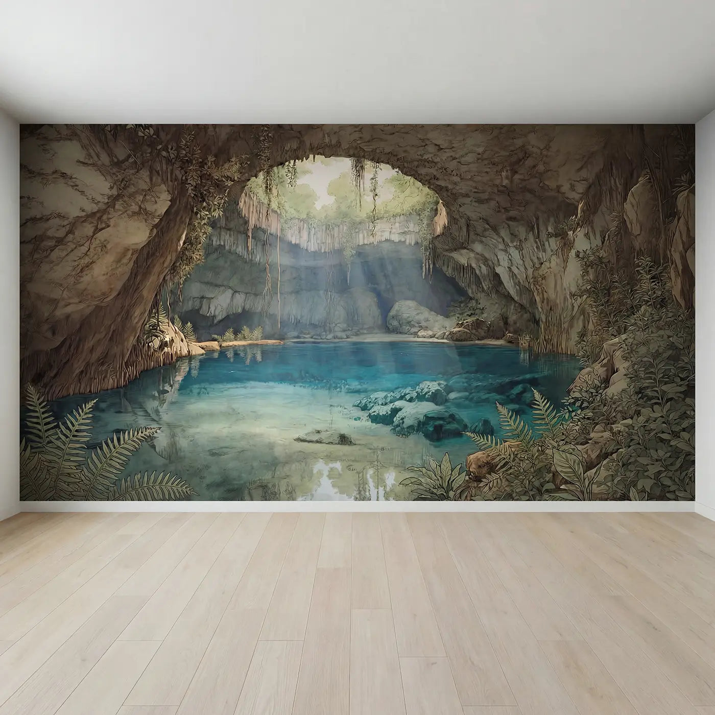 Full view of Crystal Cenote Light Shafts Wallpaper Mural by Whimsy Tots