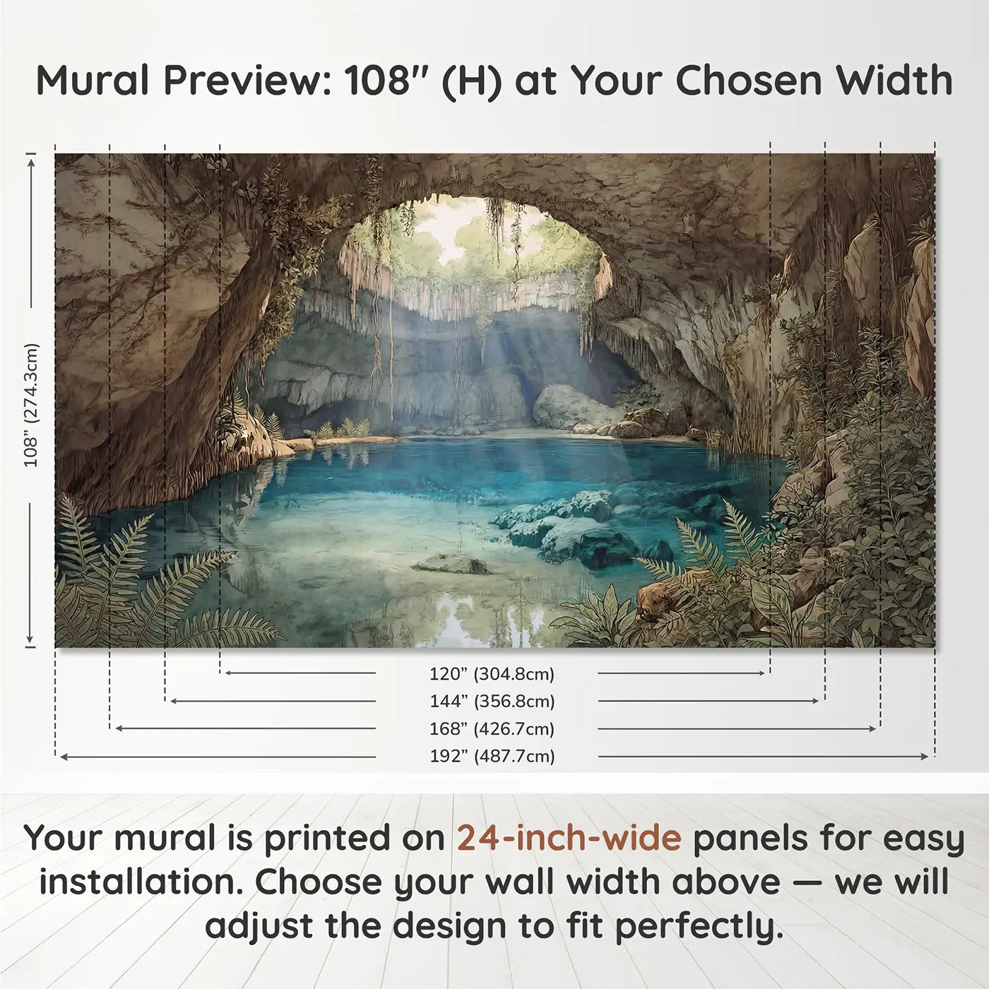 Panel layout and dimensions for Crystal Cenote Light Shafts Wallpaper Mural by Whimsy Tots