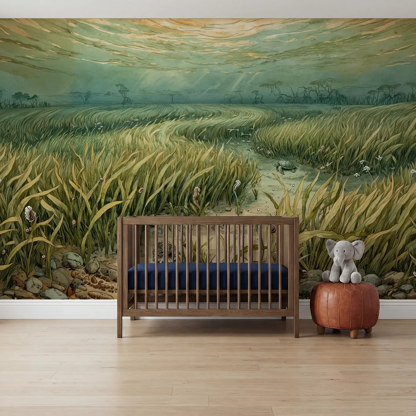 Storybook seagrass meadow sea turtle seahorse wallpaper mural for nursery by Whimsy Tots