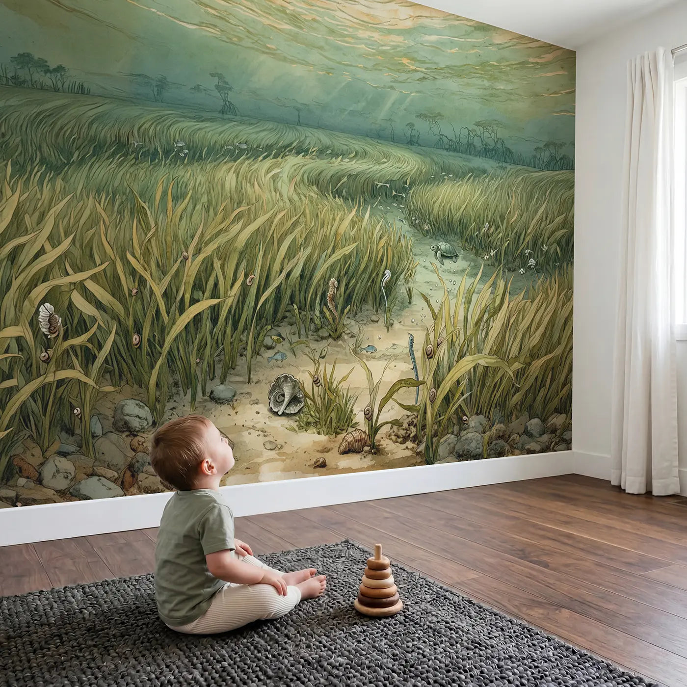 Child in nursery with Seagrass Meadow Underwater Wallpaper Mural by Whimsy Tots