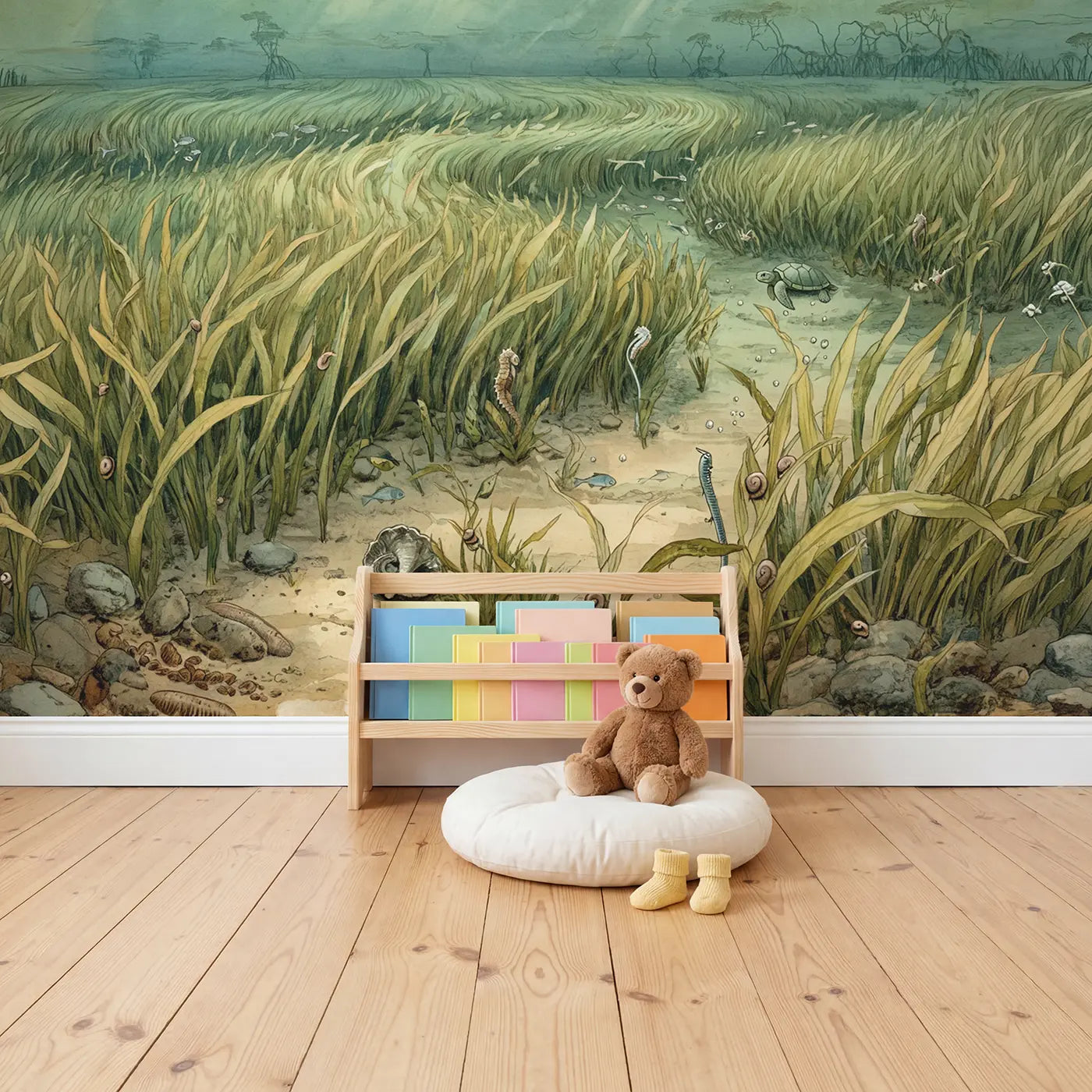 Seagrass Meadow Underwater Wallpaper Mural in playroom setting by Whimsy Tots