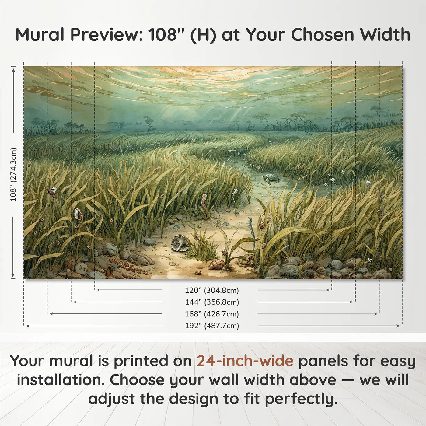 Panel layout and dimensions for Seagrass Meadow Underwater Wallpaper Mural by Whimsy Tots