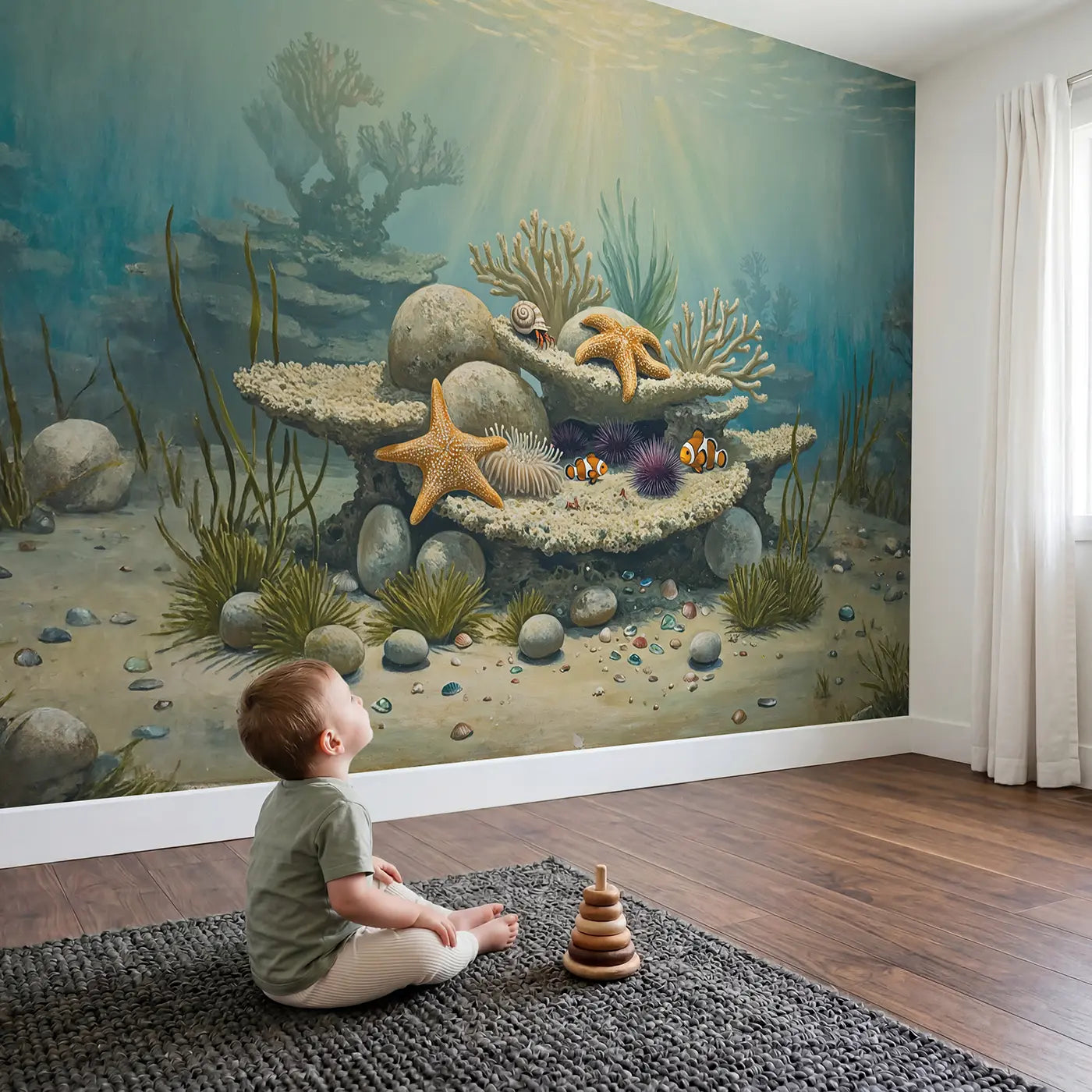 Child in nursery with Gentle Reef Garden Wallpaper Mural by Whimsy Tots
