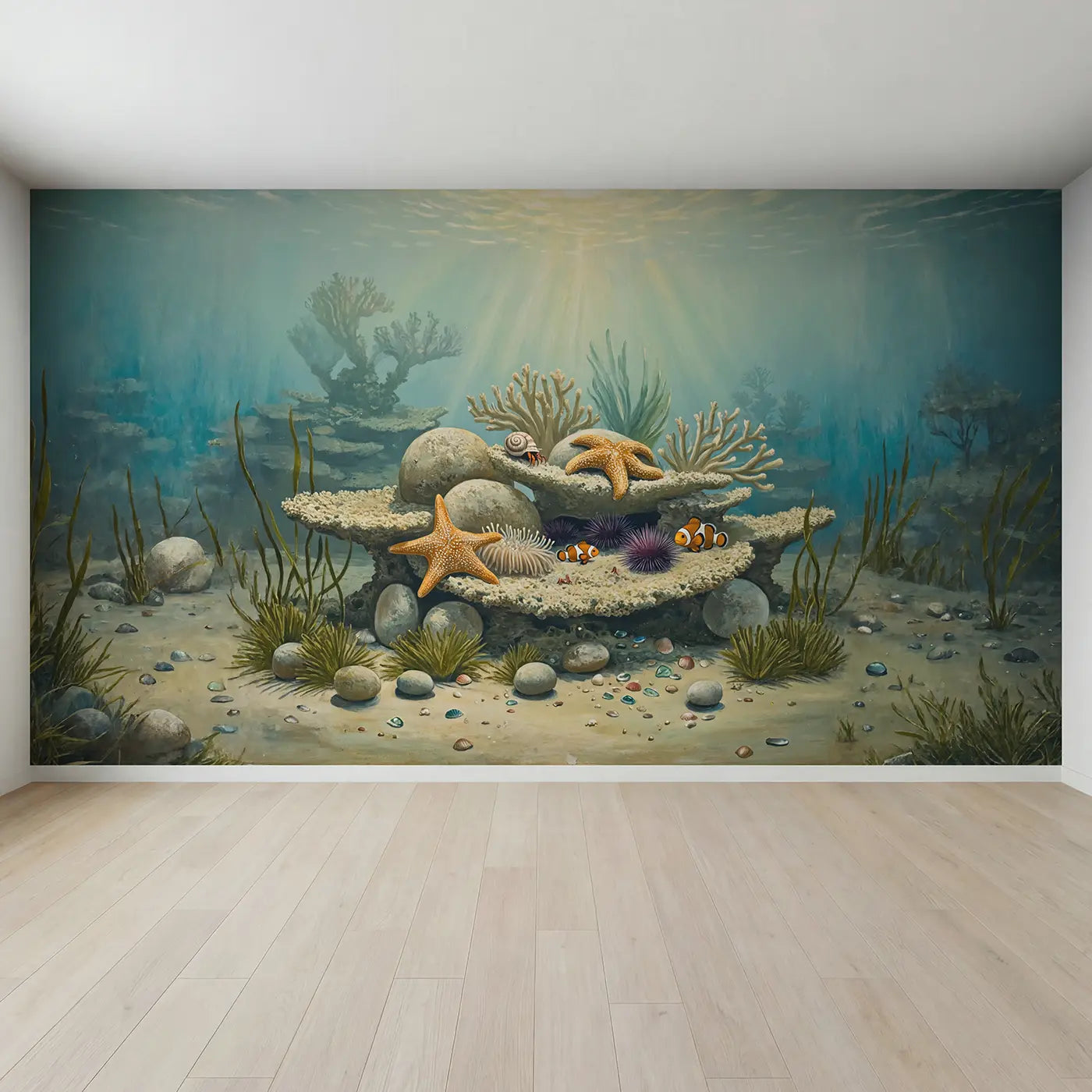 Full view of Gentle Reef Garden Wallpaper Mural by Whimsy Tots