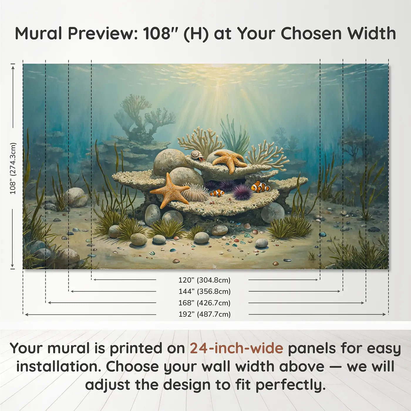 Panel layout and dimensions for Gentle Reef Garden Wallpaper Mural by Whimsy Tots