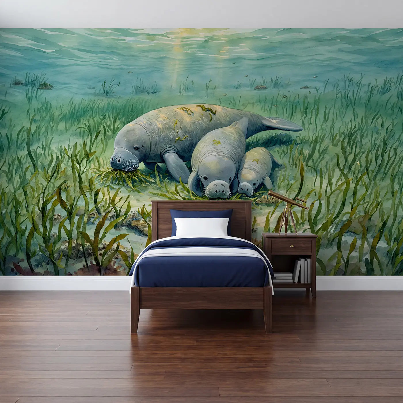 Watercolor manatee family underwater meadow wallpaper mural for nursery by Whimsy Tots