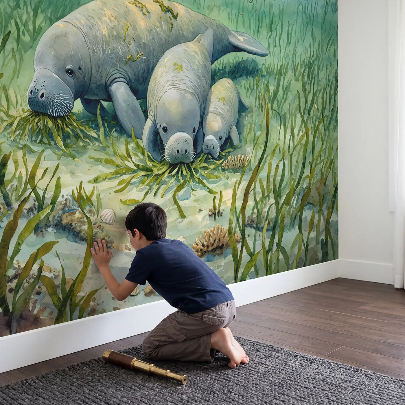 Child in nursery with Gentle Manatee Family Wallpaper Mural by Whimsy Tots