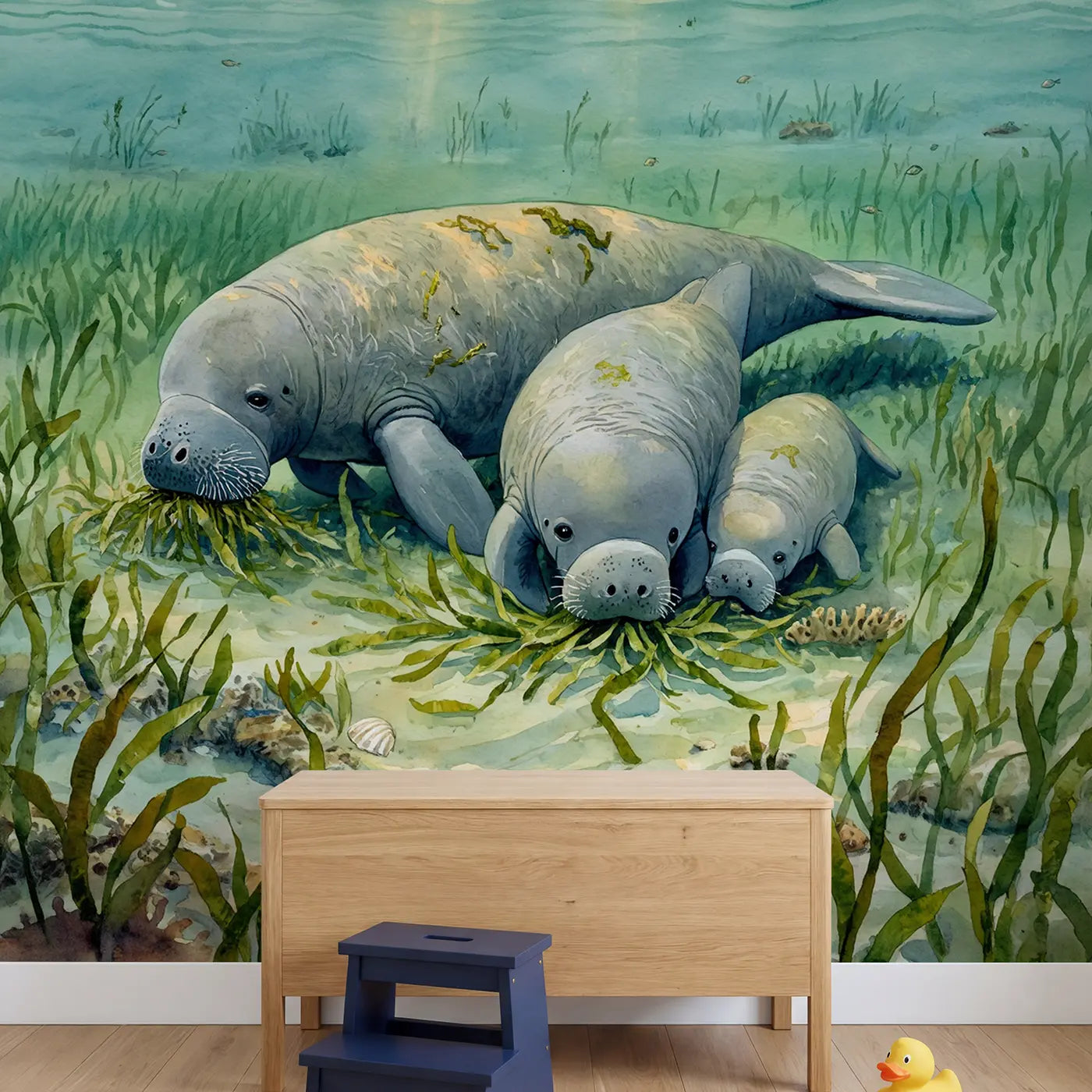 Gentle Manatee Family Wallpaper Mural in playroom setting by Whimsy Tots