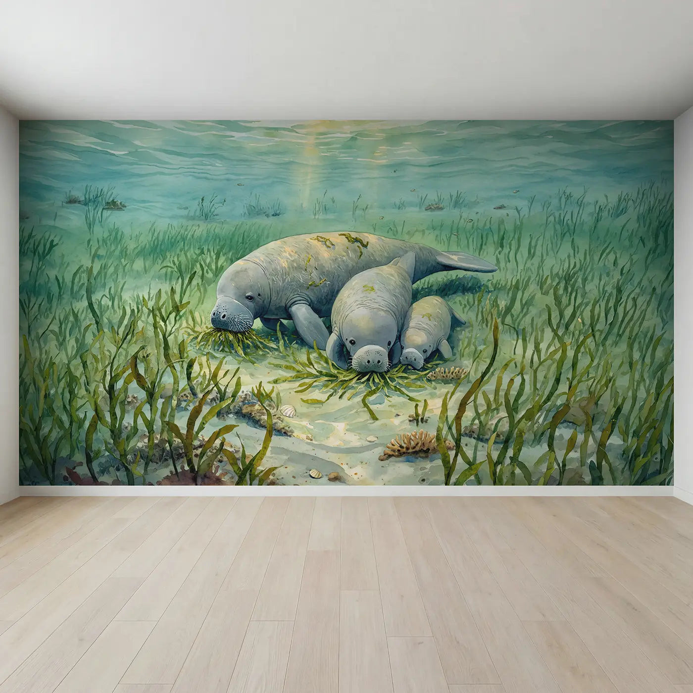 Full view of Gentle Manatee Family Wallpaper Mural by Whimsy Tots
