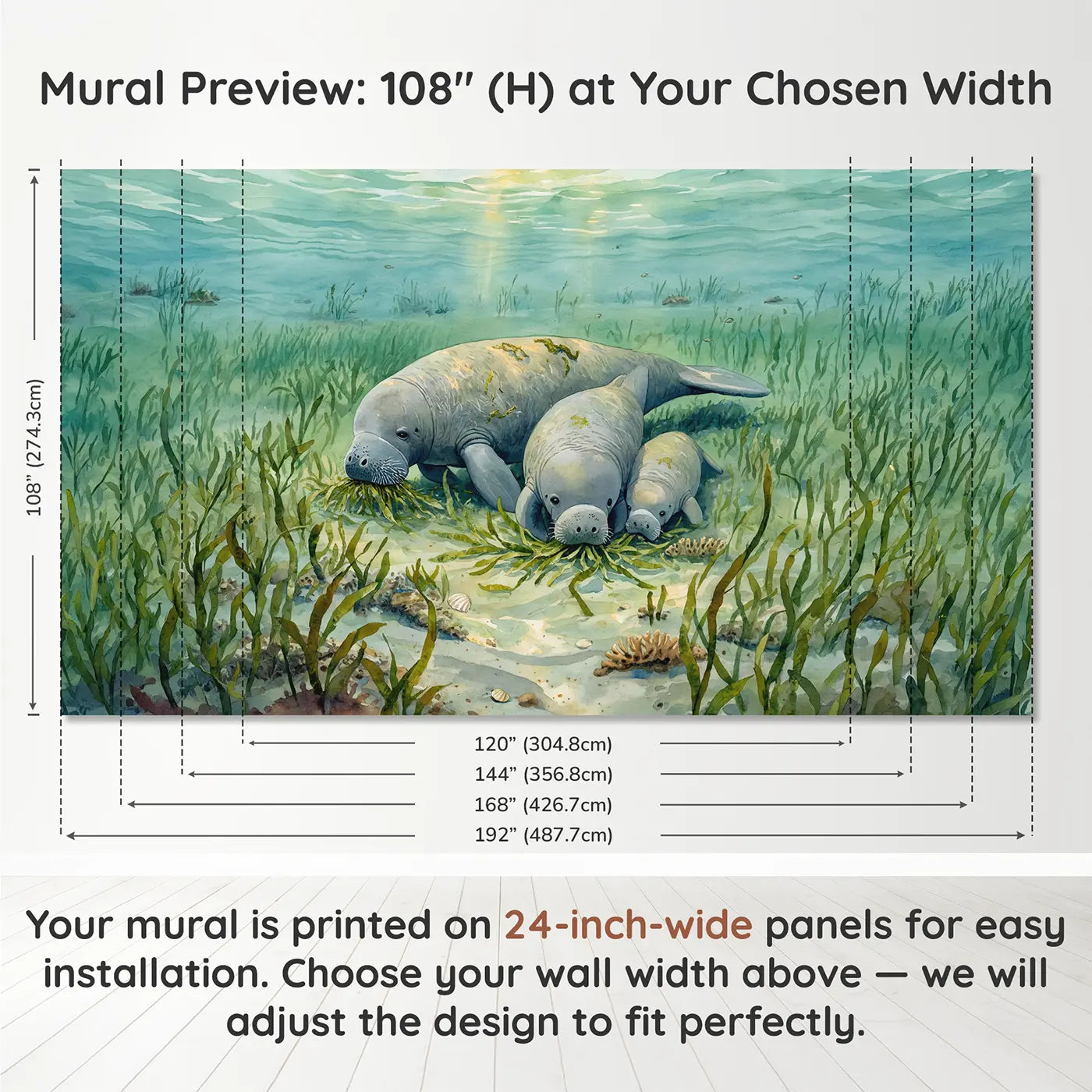 Panel layout and dimensions for Gentle Manatee Family Wallpaper Mural by Whimsy Tots