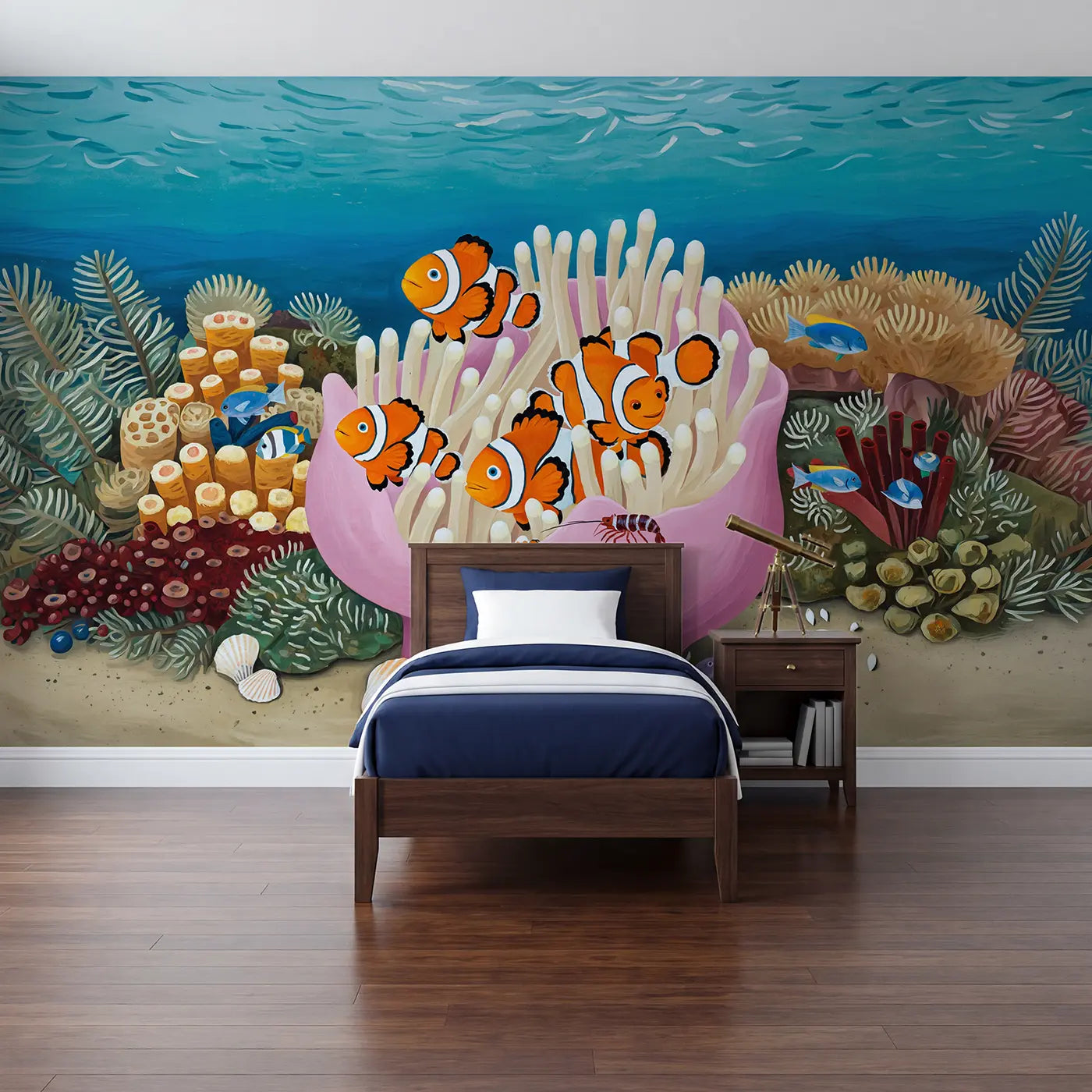Modern Illustration clownfish anemone home wallpaper mural for kids room by Whimsy Tots