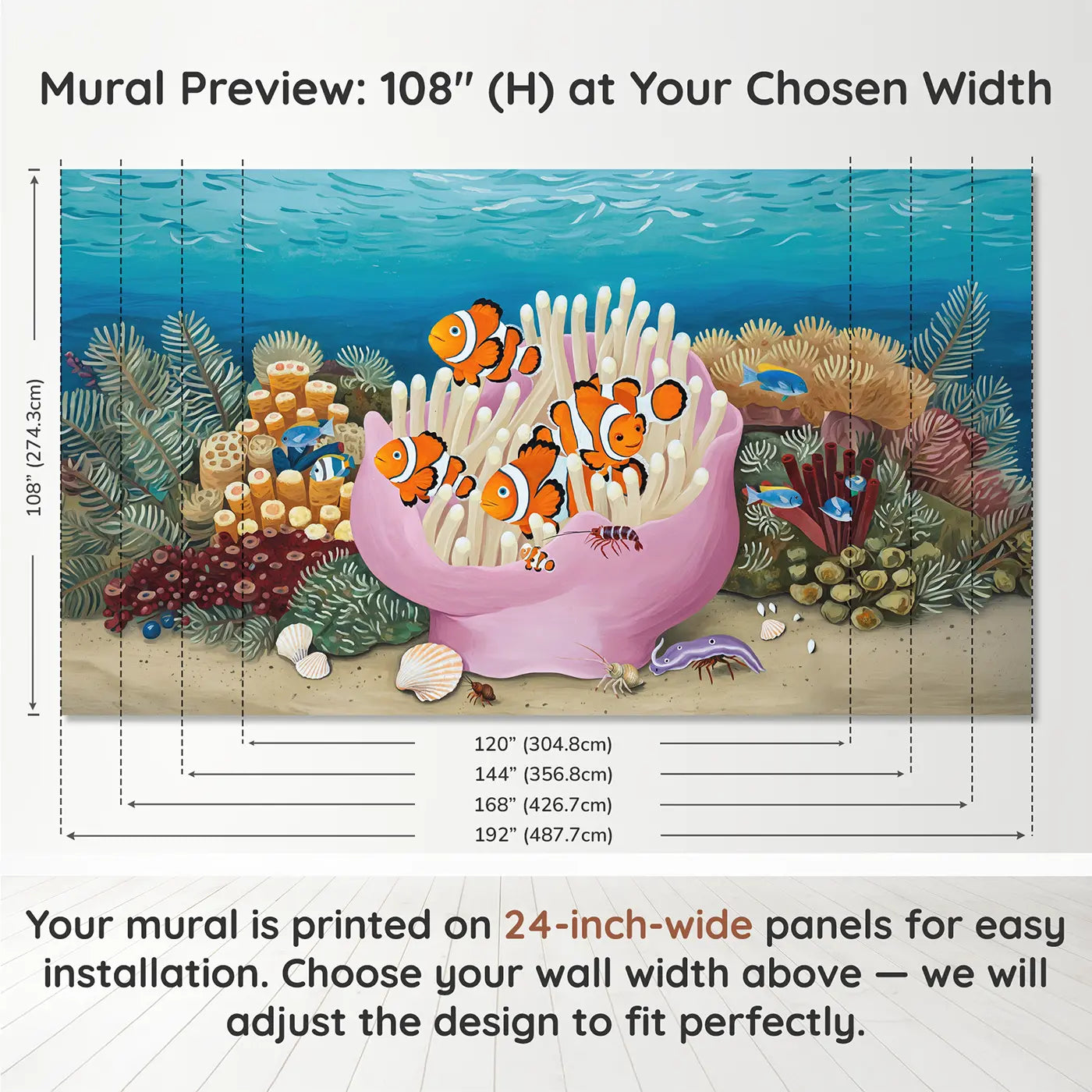 Panel layout and dimensions for Clownfish Anemone Home Wallpaper Mural by Whimsy Tots