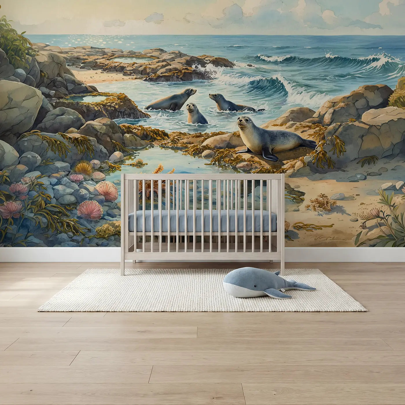 watercolor seals playing rocky coast ocean wallpaper mural for kids room by Whimsy Tots
