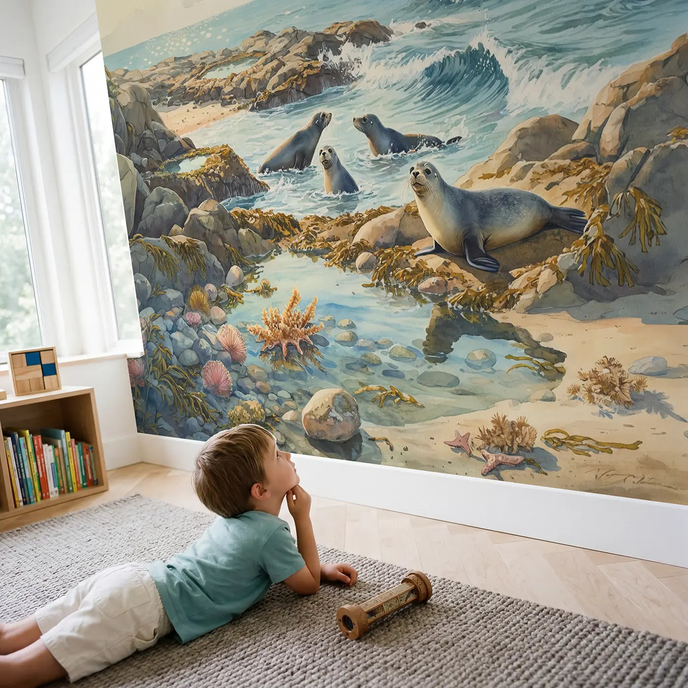 Child in nursery with Seals Playing Rocky Coast Wallpaper Mural by Whimsy Tots