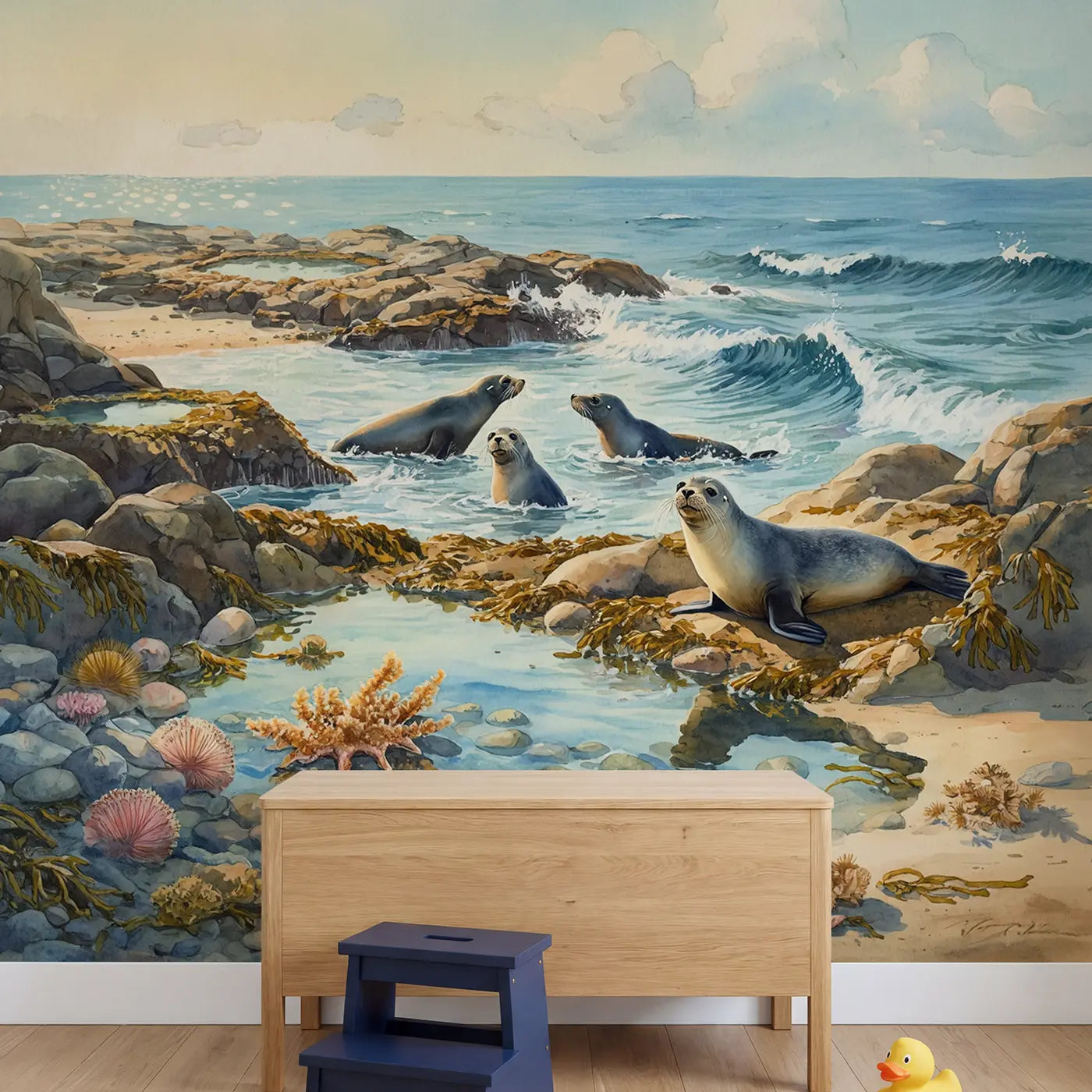 Seals Playing Rocky Coast Wallpaper Mural in playroom setting by Whimsy Tots