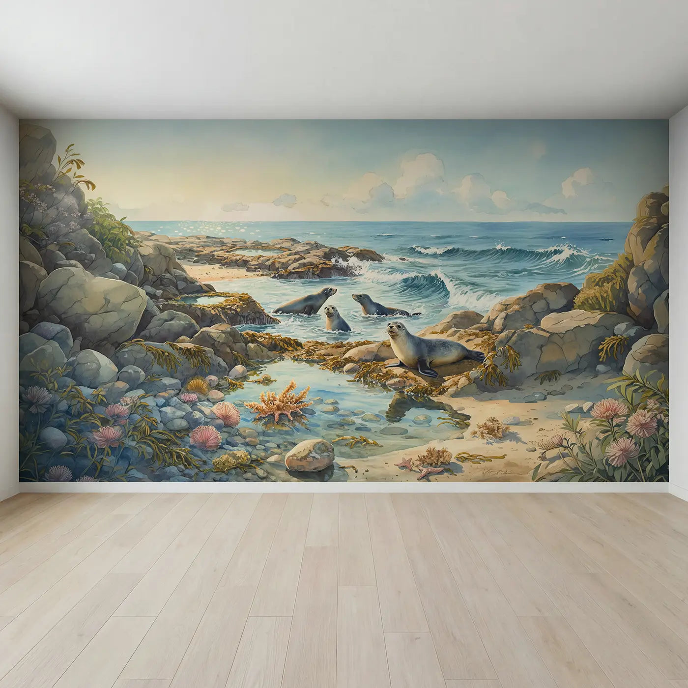 Full view of Seals Playing Rocky Coast Wallpaper Mural by Whimsy Tots