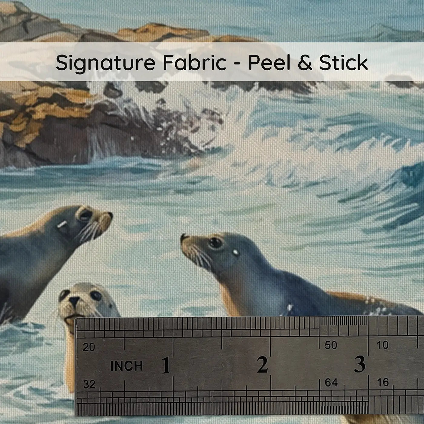 Fabric texture close-up of Seals Playing Rocky Coast Wallpaper Mural by Whimsy Tots
