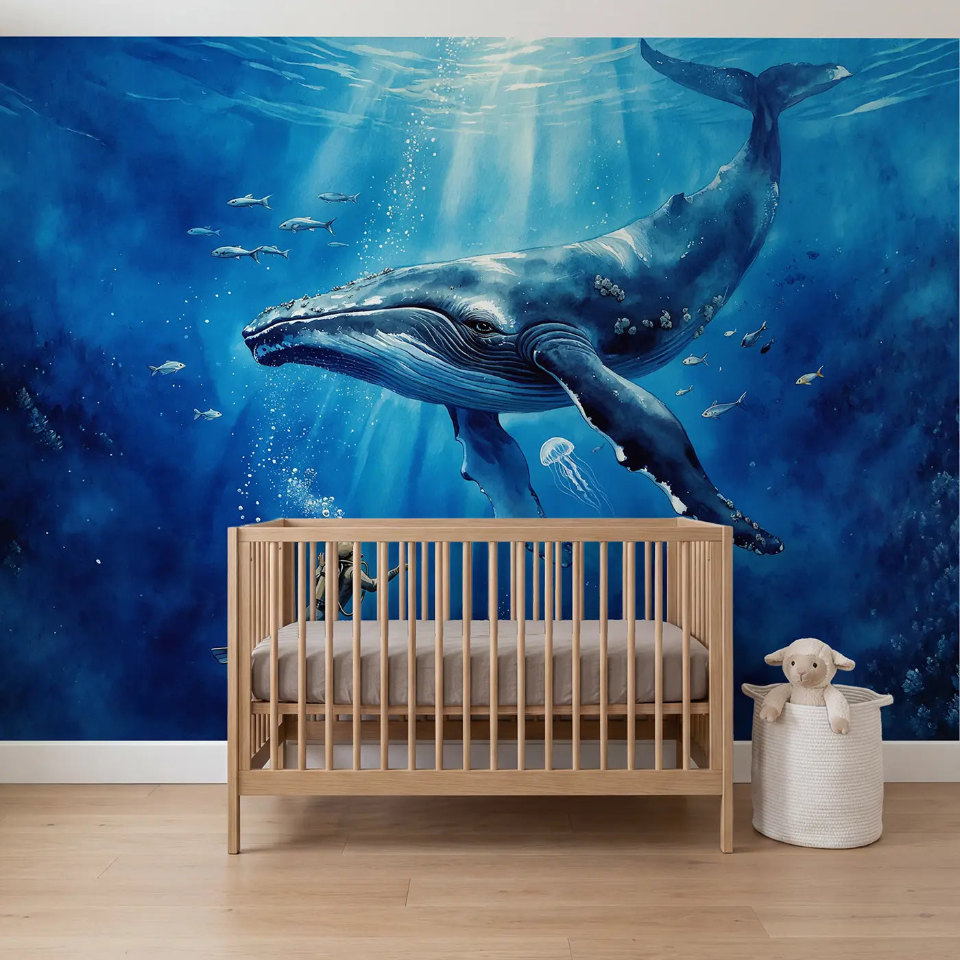 Watercolor whale and diver ocean encounter wallpaper mural for kids room by Whimsy Tots