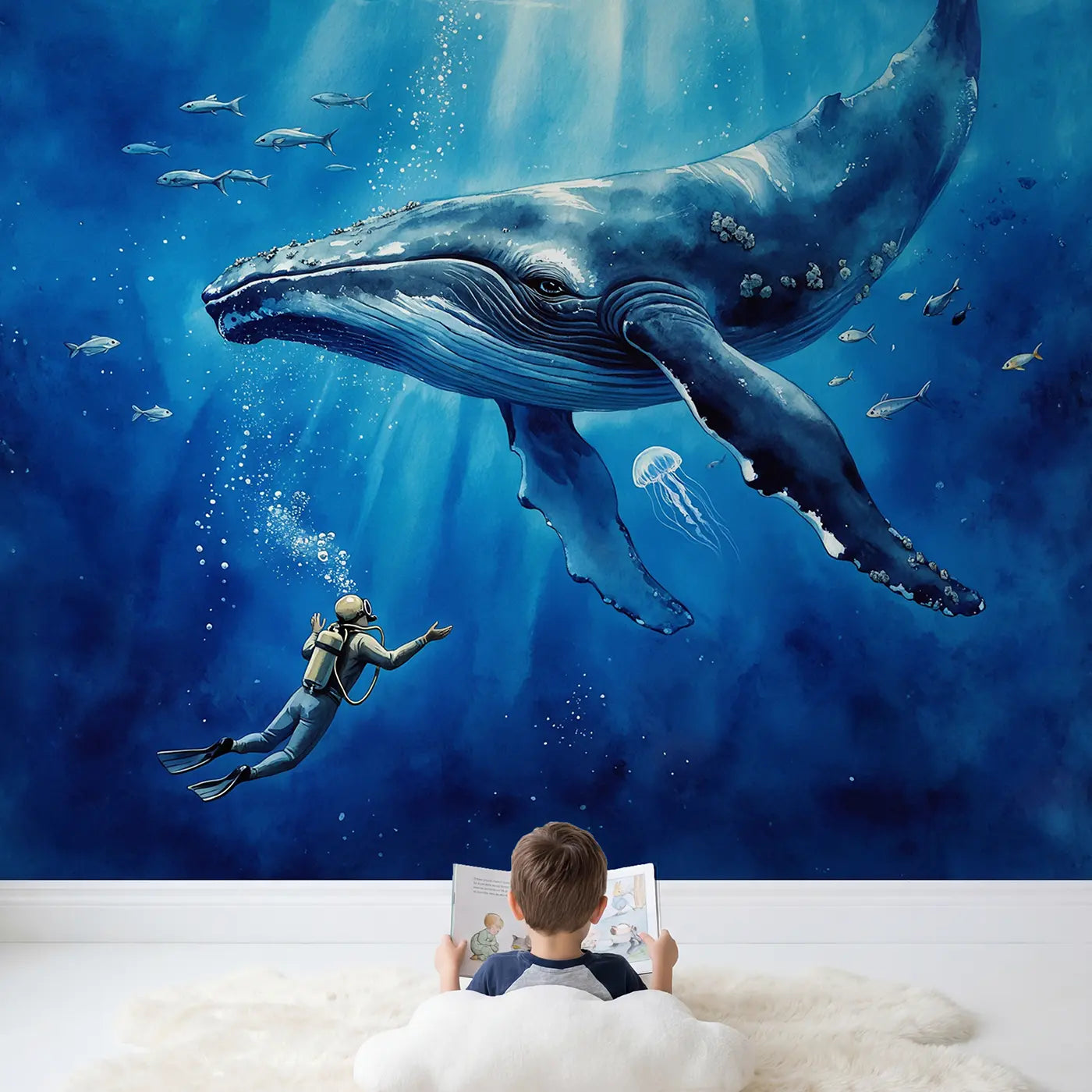 Child in nursery with Whale and Diver Encounter Wallpaper Mural by Whimsy Tots
