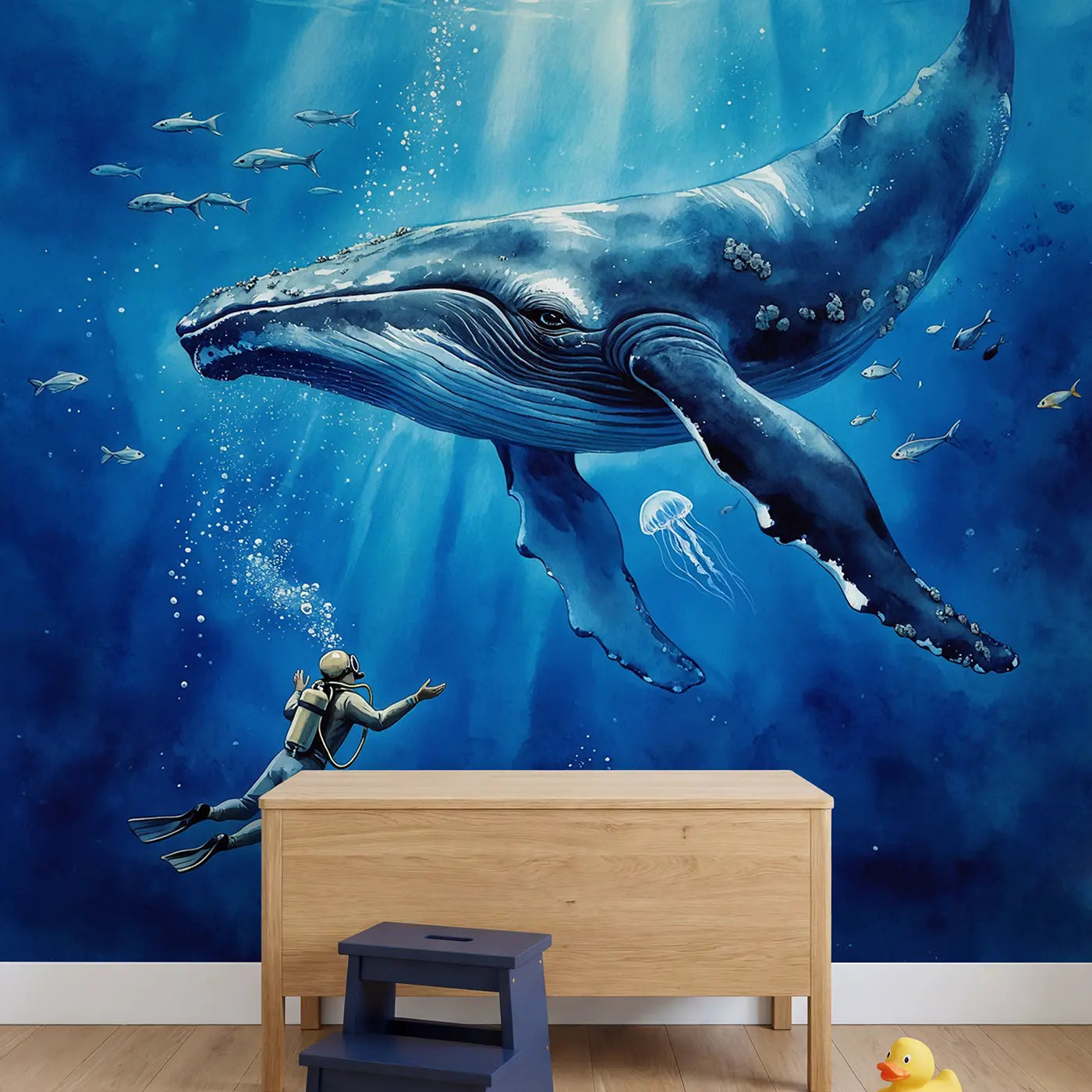 Whale and Diver Encounter Wallpaper Mural in playroom setting by Whimsy Tots