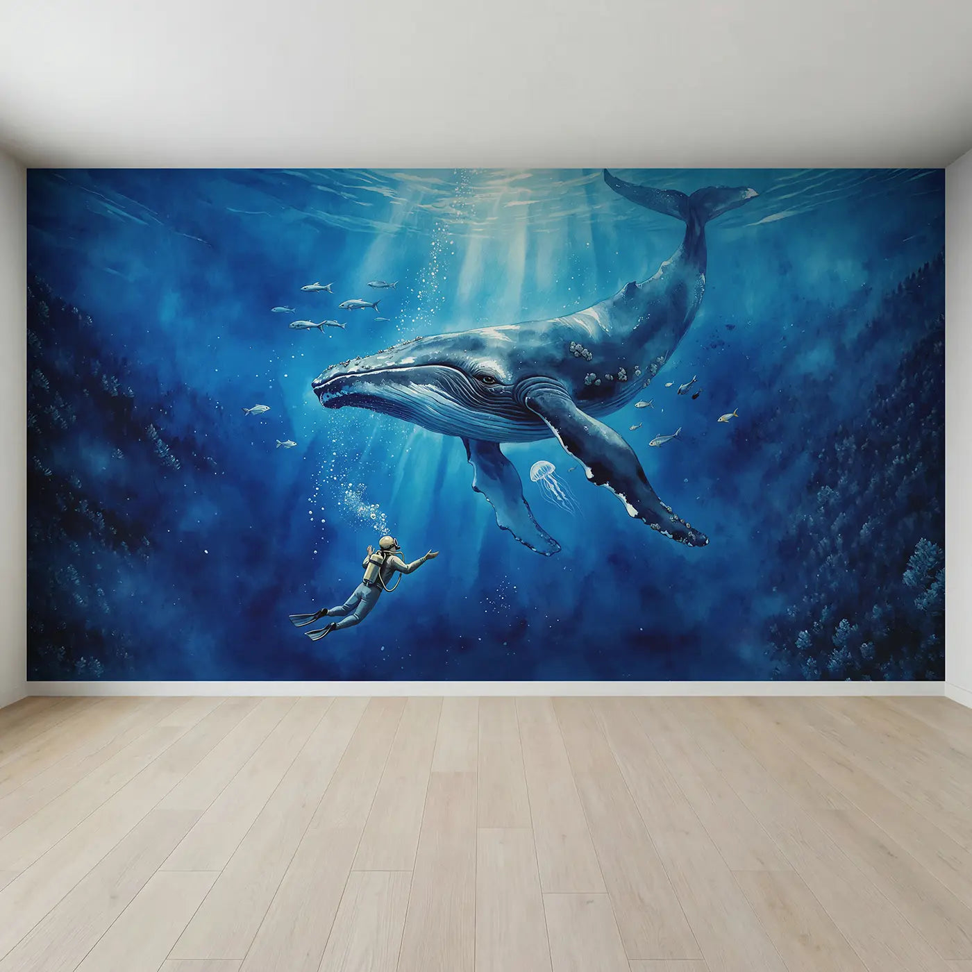 Full view of Whale and Diver Encounter Wallpaper Mural by Whimsy Tots