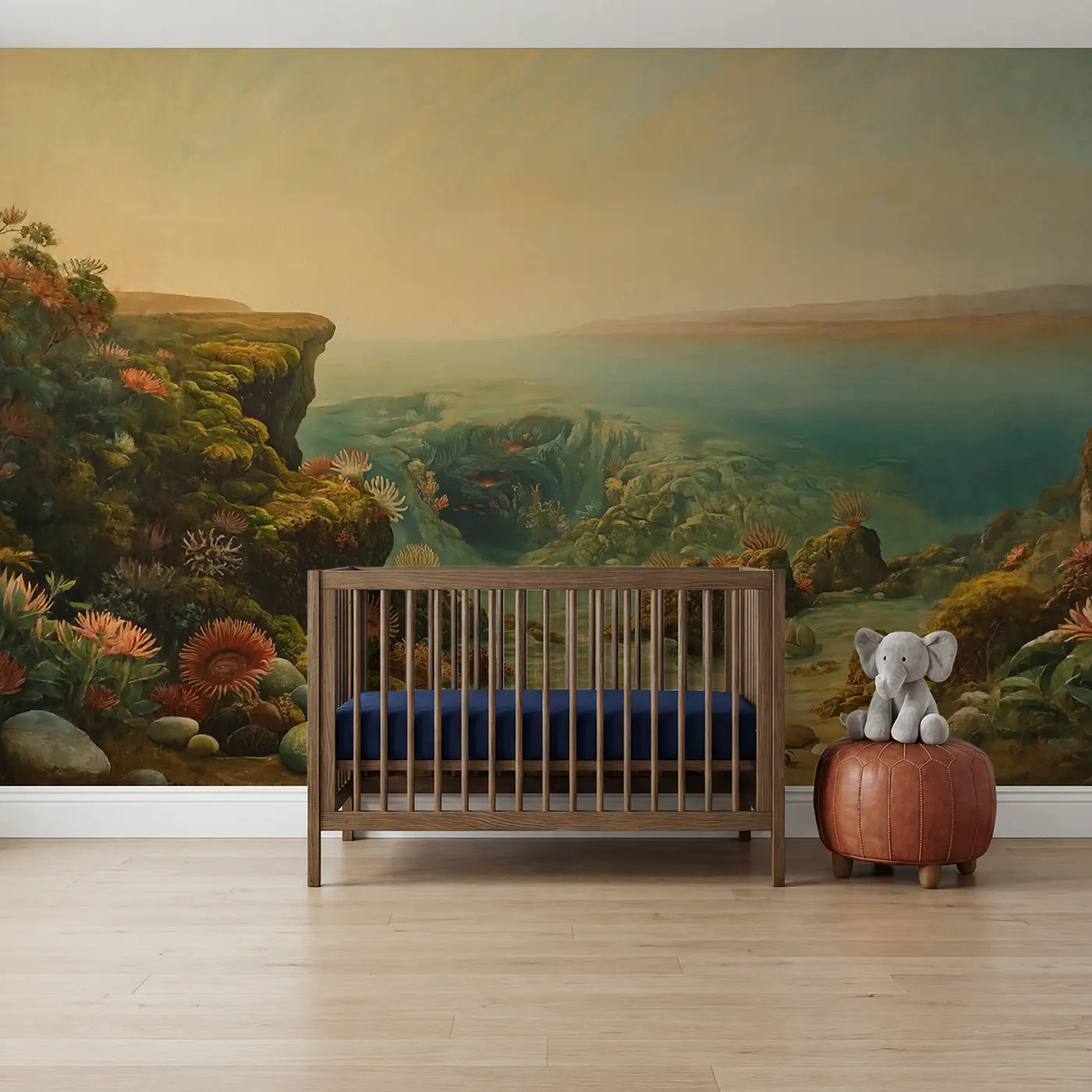 Painted landscape volcanic vent ocean wallpaper mural for kids room by Whimsy Tots