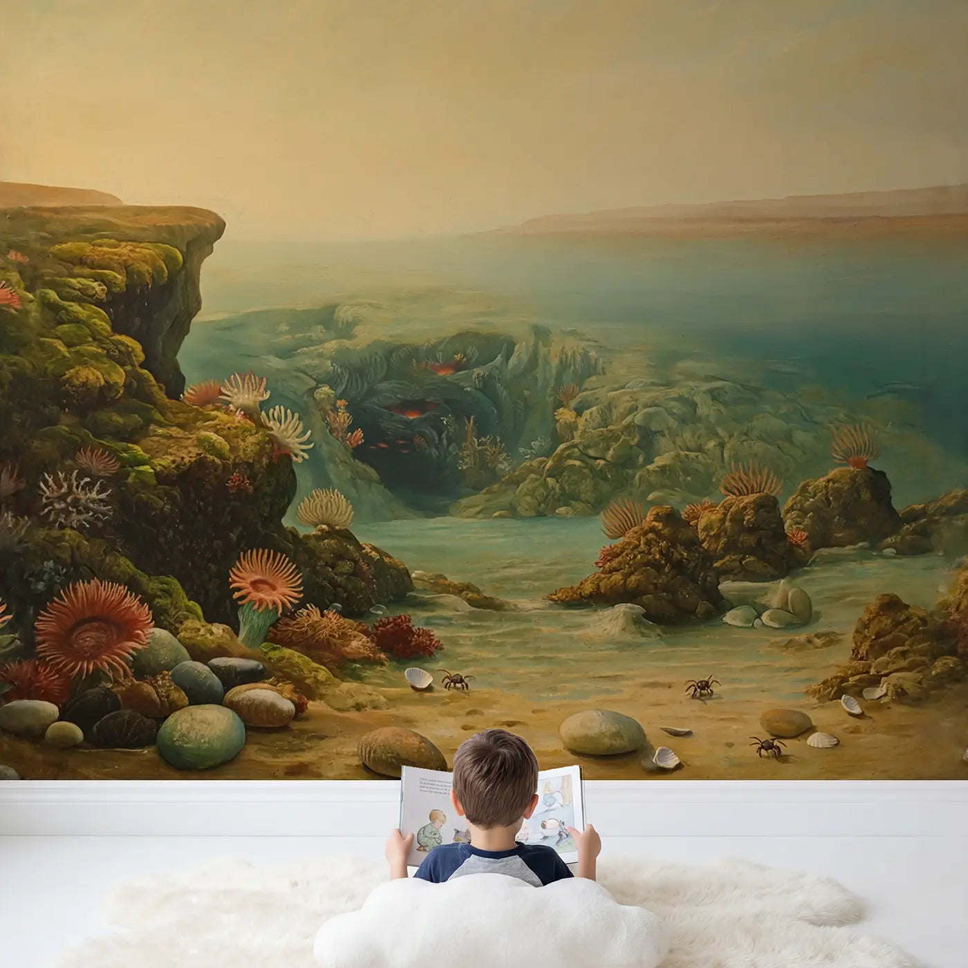 Child in nursery with Underwater Volcanic Vent Unique Wallpaper Mural by Whimsy Tots