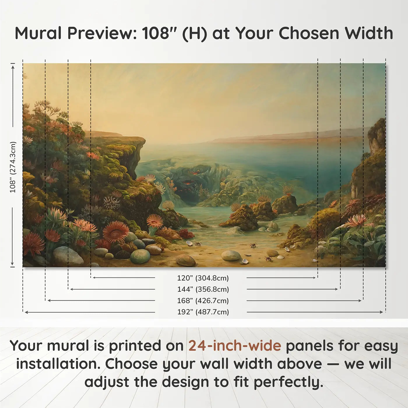 Panel layout and dimensions for Underwater Volcanic Vent Unique Wallpaper Mural by Whimsy Tots