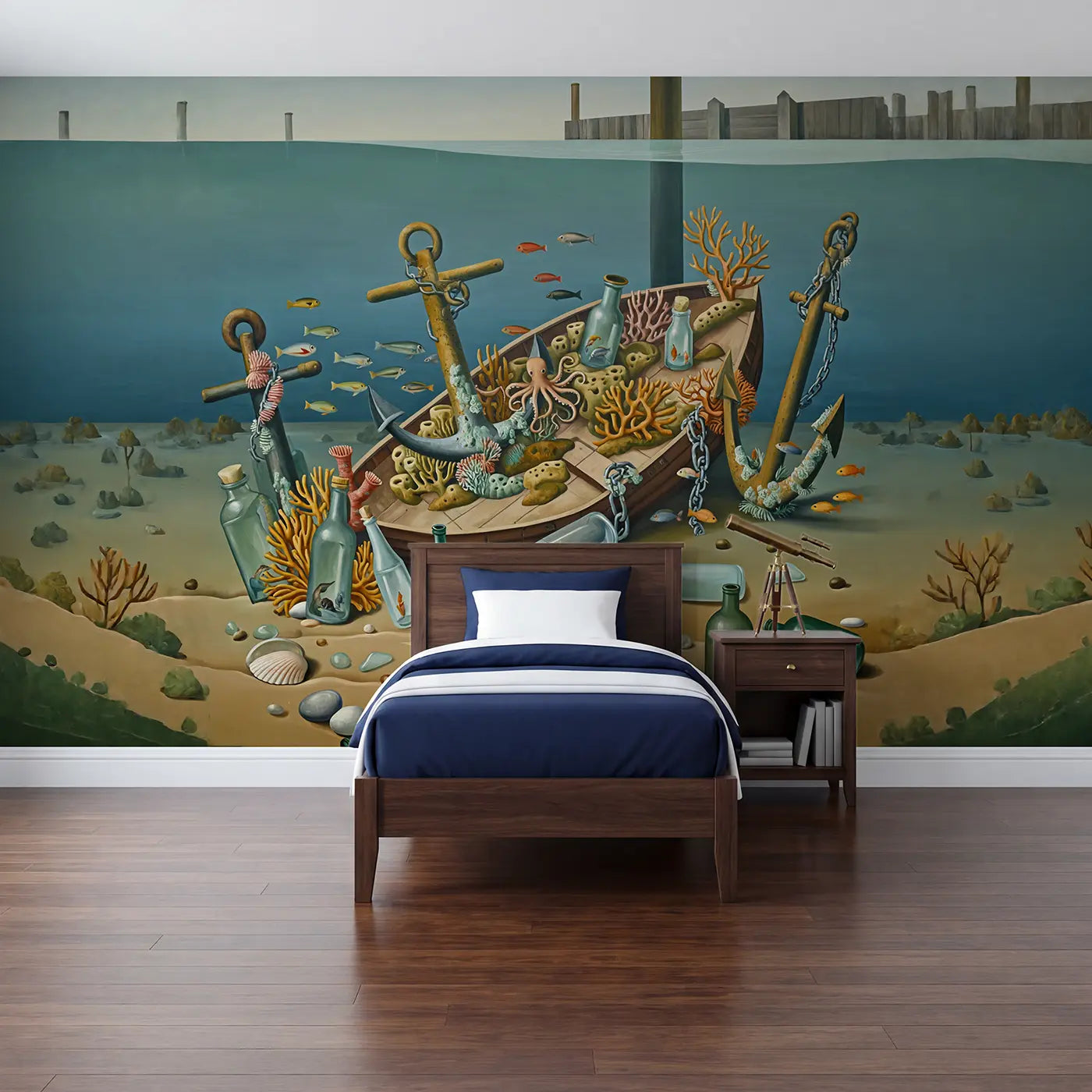 Modern Illustration harbor floor found reef wallpaper mural for kids room by Whimsy Tots
