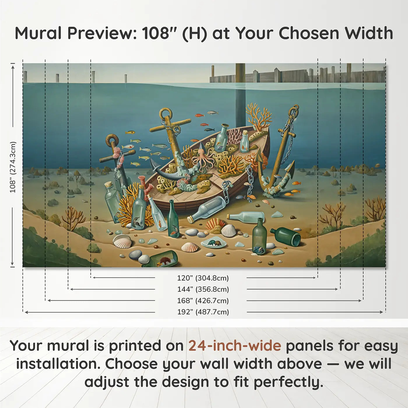 Panel layout and dimensions for Harbor Floor Found Reef Wallpaper Mural by Whimsy Tots