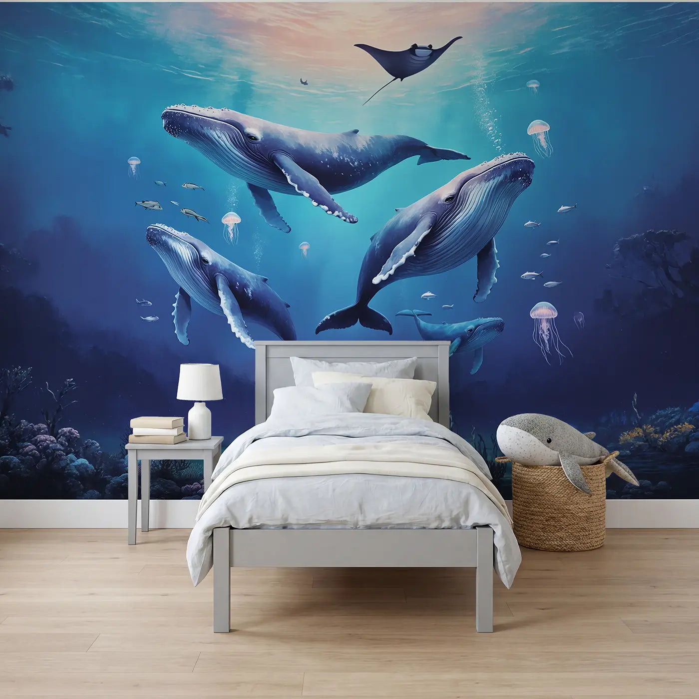 Soft pastel whale and jellyfish ocean wallpaper mural for boys room by Whimsy Tots