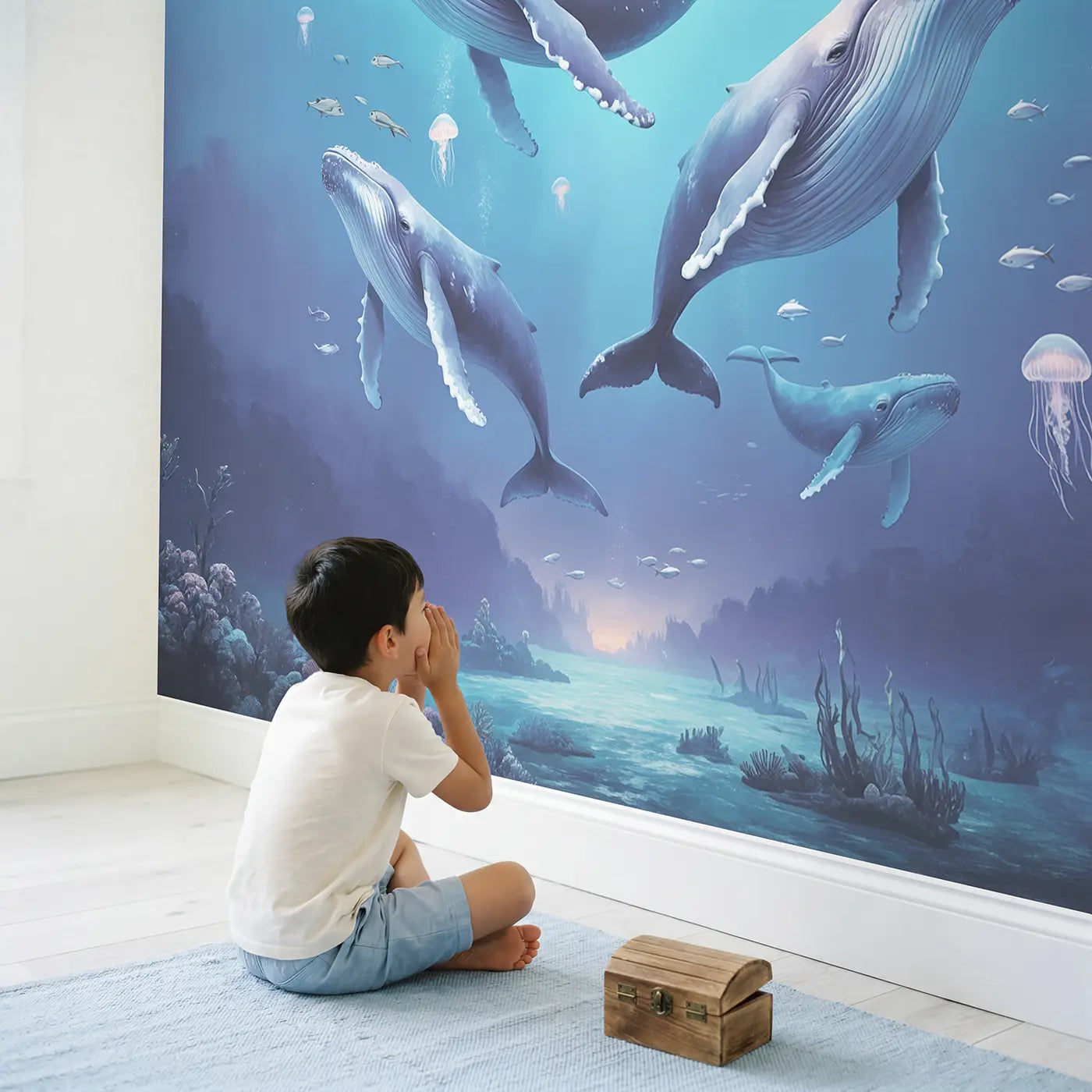 Child in nursery with Pastel Whale Migration Wallpaper Mural by Whimsy Tots